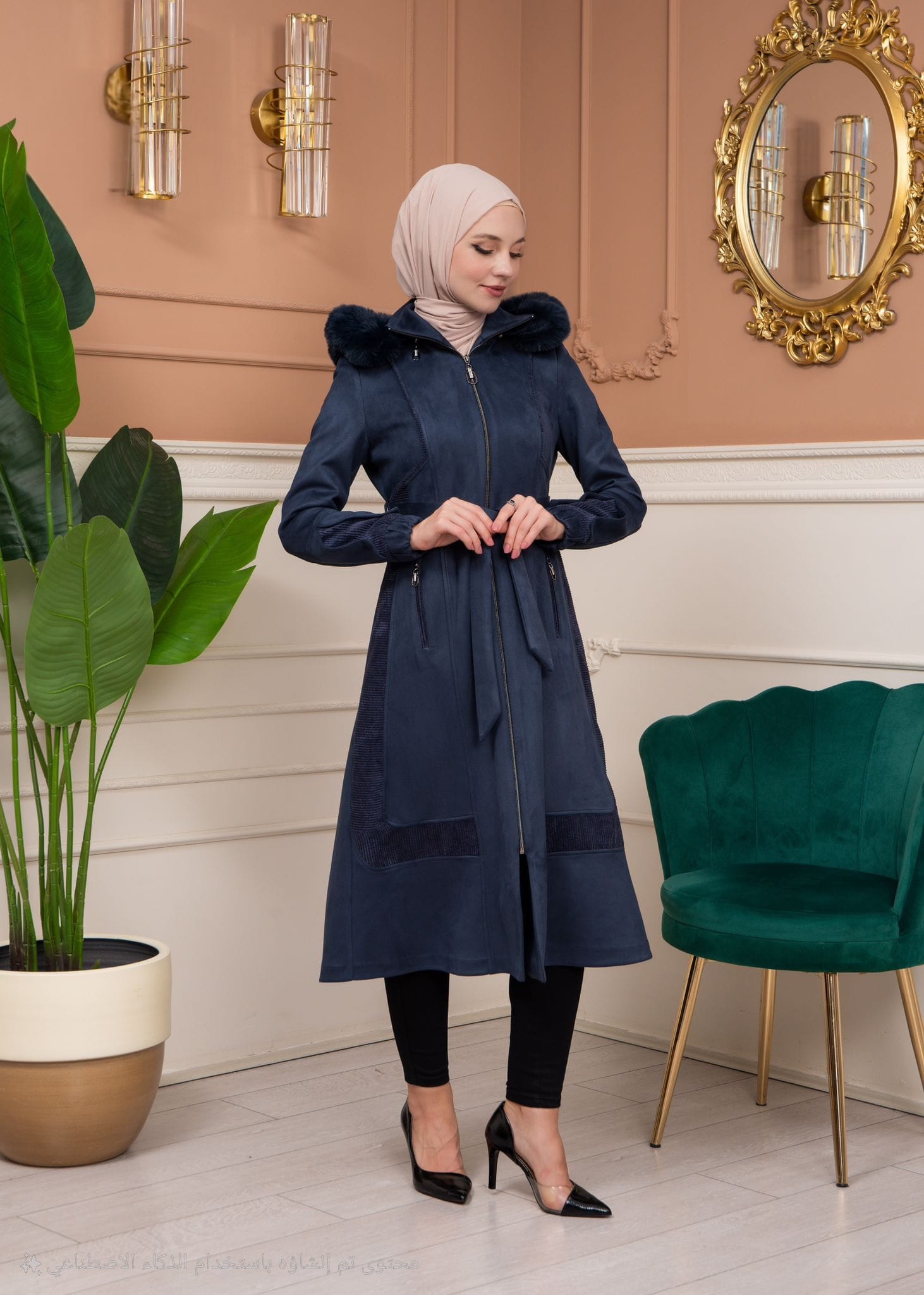 Shaomah Trench Coat with Removable Fur Hood - Code 1363 - deep blue