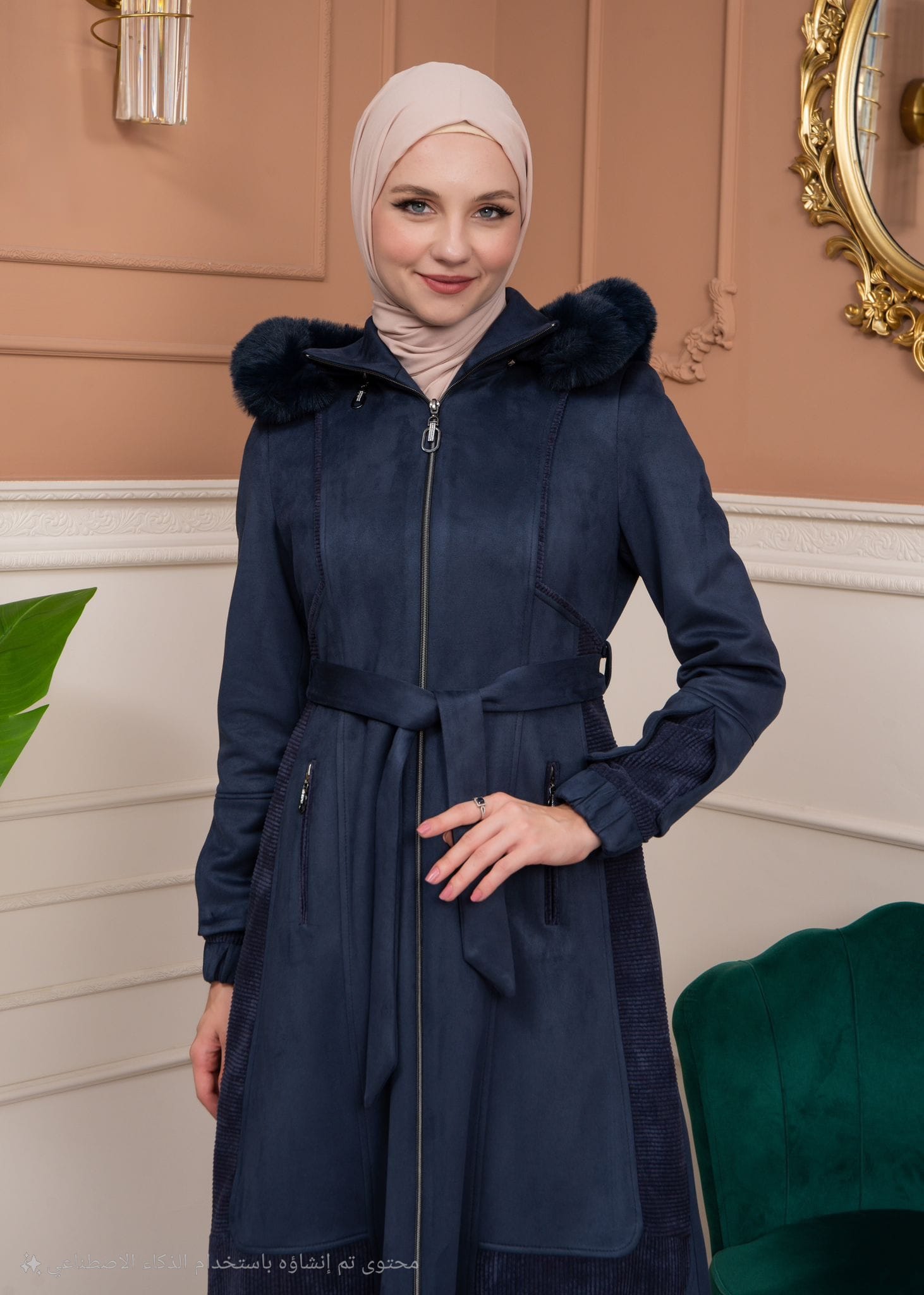 Shaomah Trench Coat with Removable Fur Hood - Code 1363 - deep blue