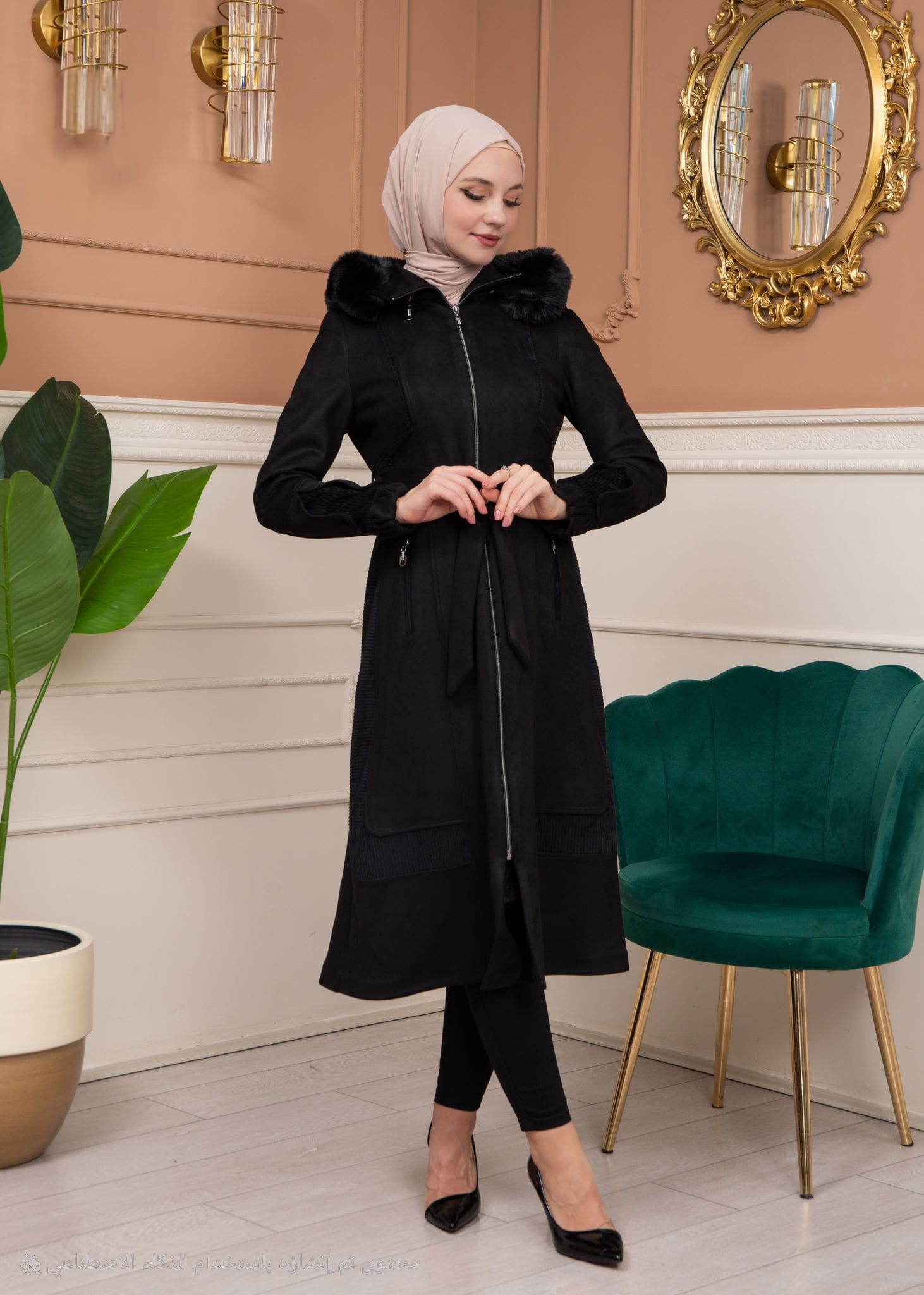 Shaomah Trench Coat with Removable Fur Hood - Code 1363 - black