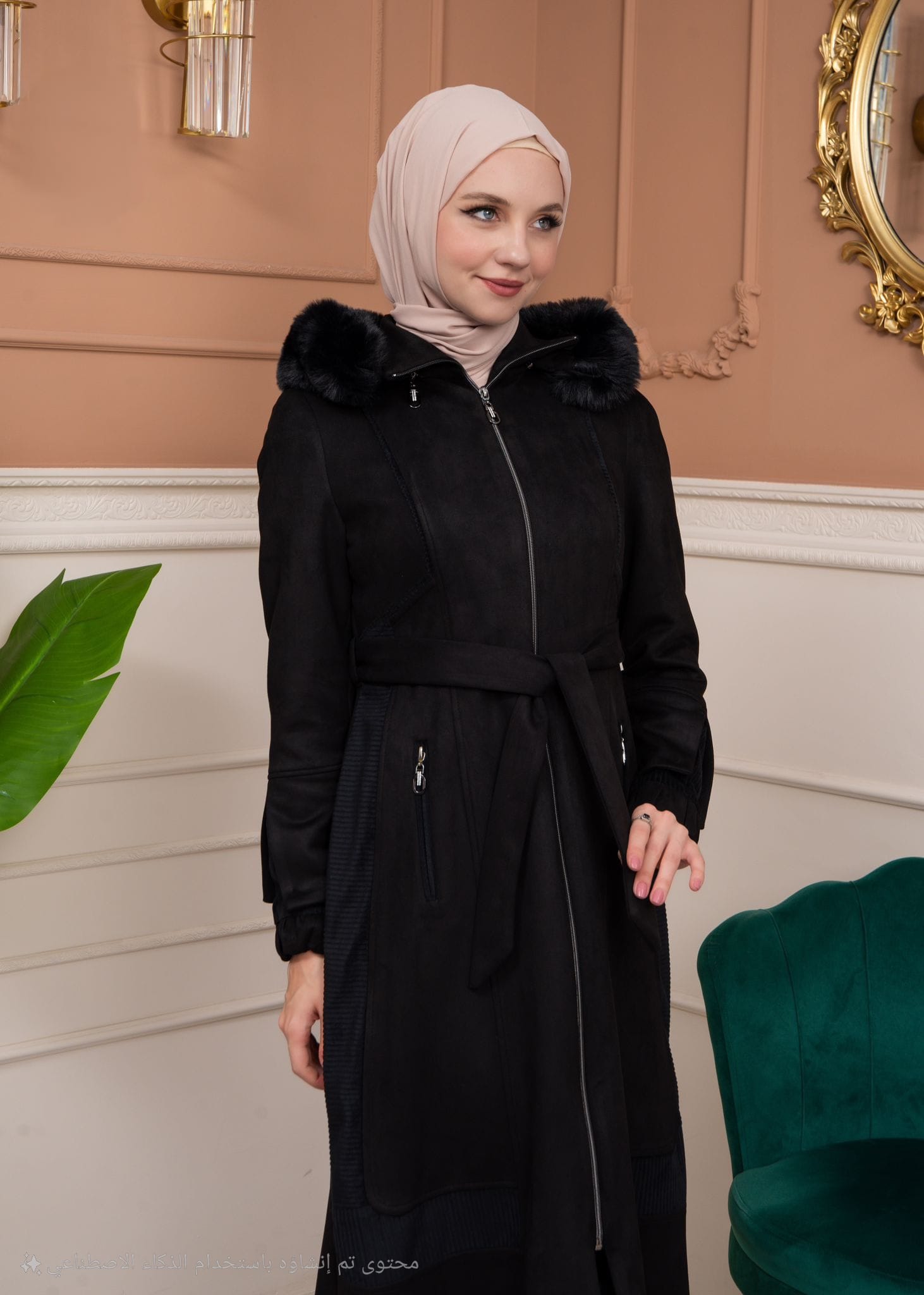 Shaomah Trench Coat with Removable Fur Hood - Code 1363 - black