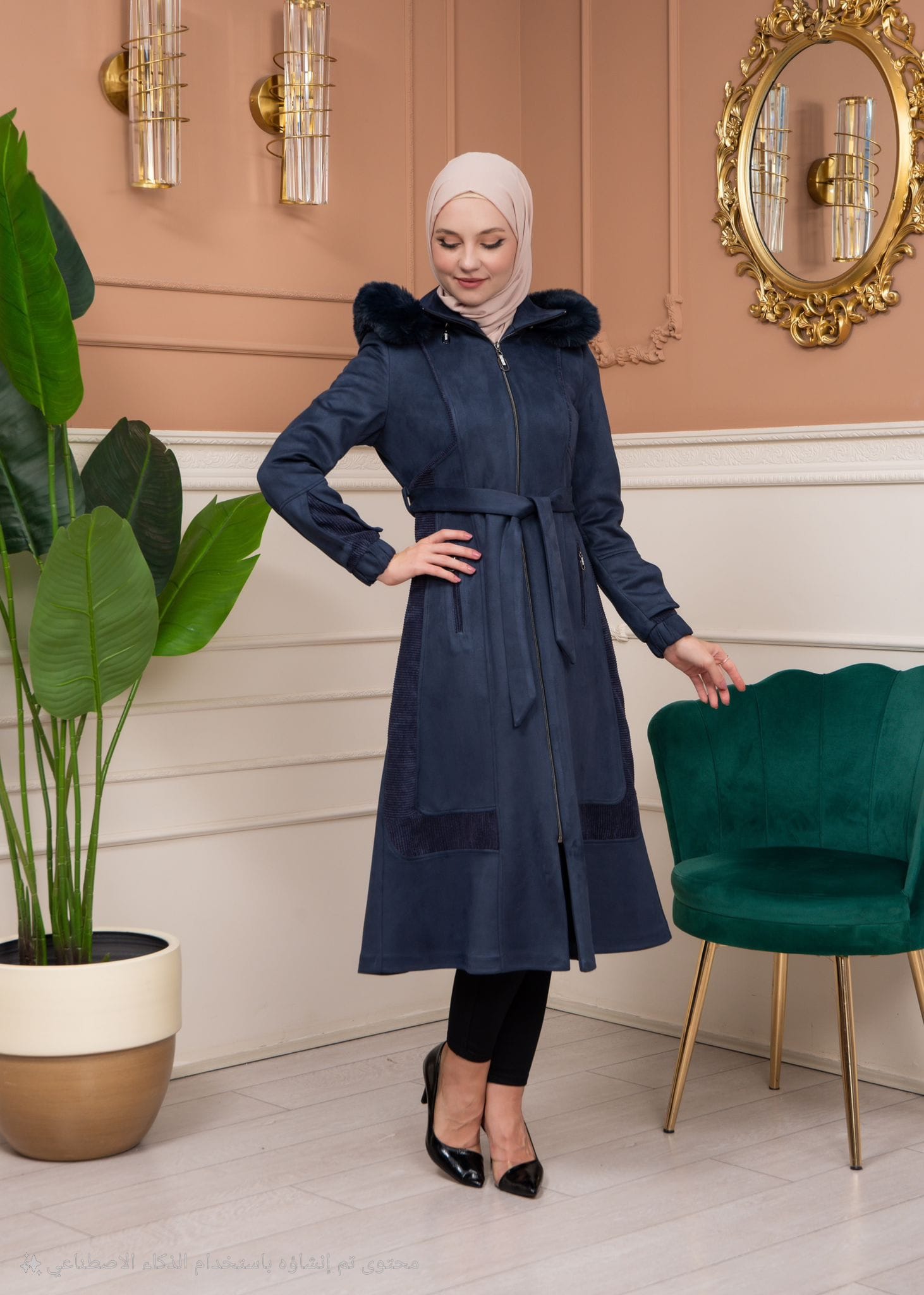 Shaomah Trench Coat with Removable Fur Hood - Code 1363 - deep blue