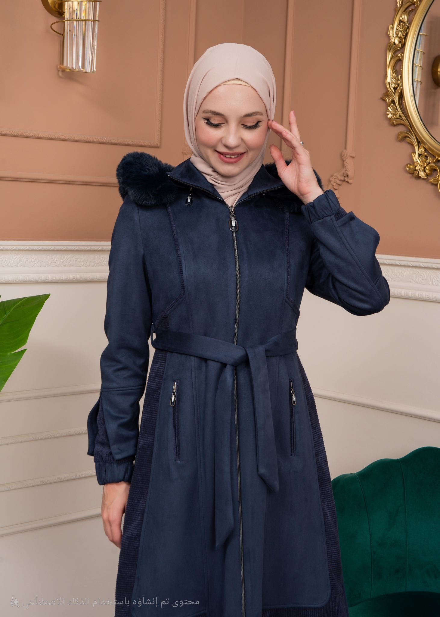 Shaomah Trench Coat with Removable Fur Hood - Code 1363 - deep blue