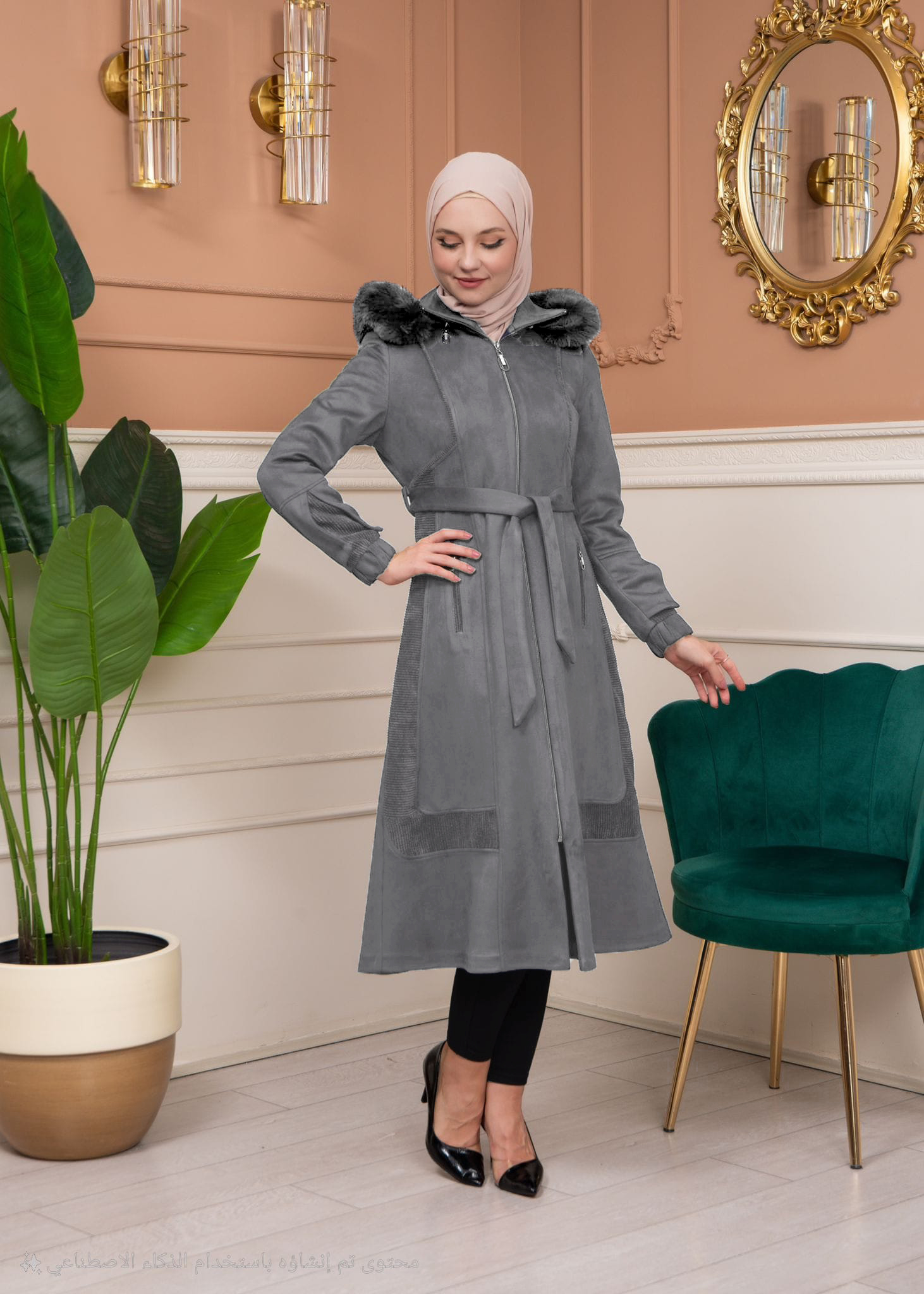 Shaomah Trench Coat with Removable Fur Hood - Code 1363 - gray