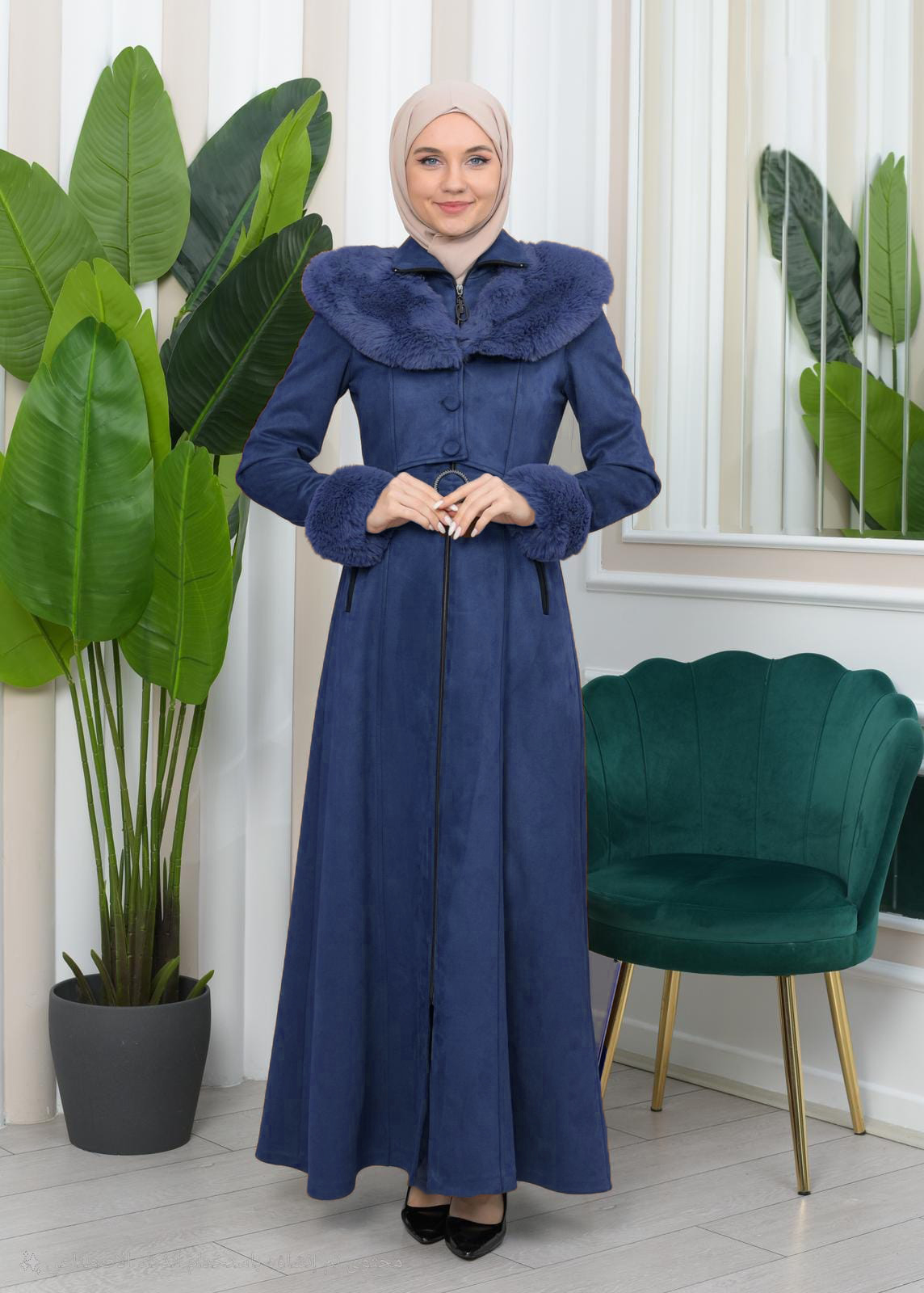 Womens Suede Fur Coat 1362 - deep blue