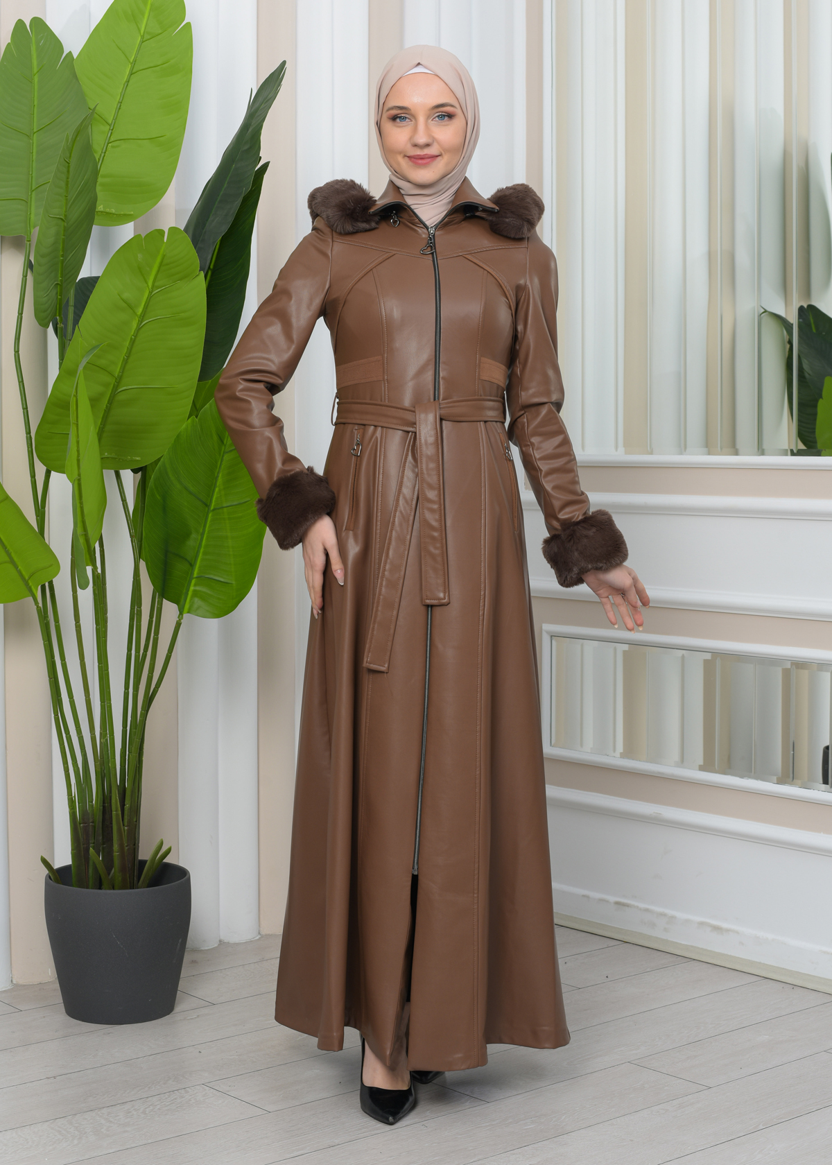 FUR HOODED ZIPPERED Faux Leather Hijab Topcoat 1345 taba