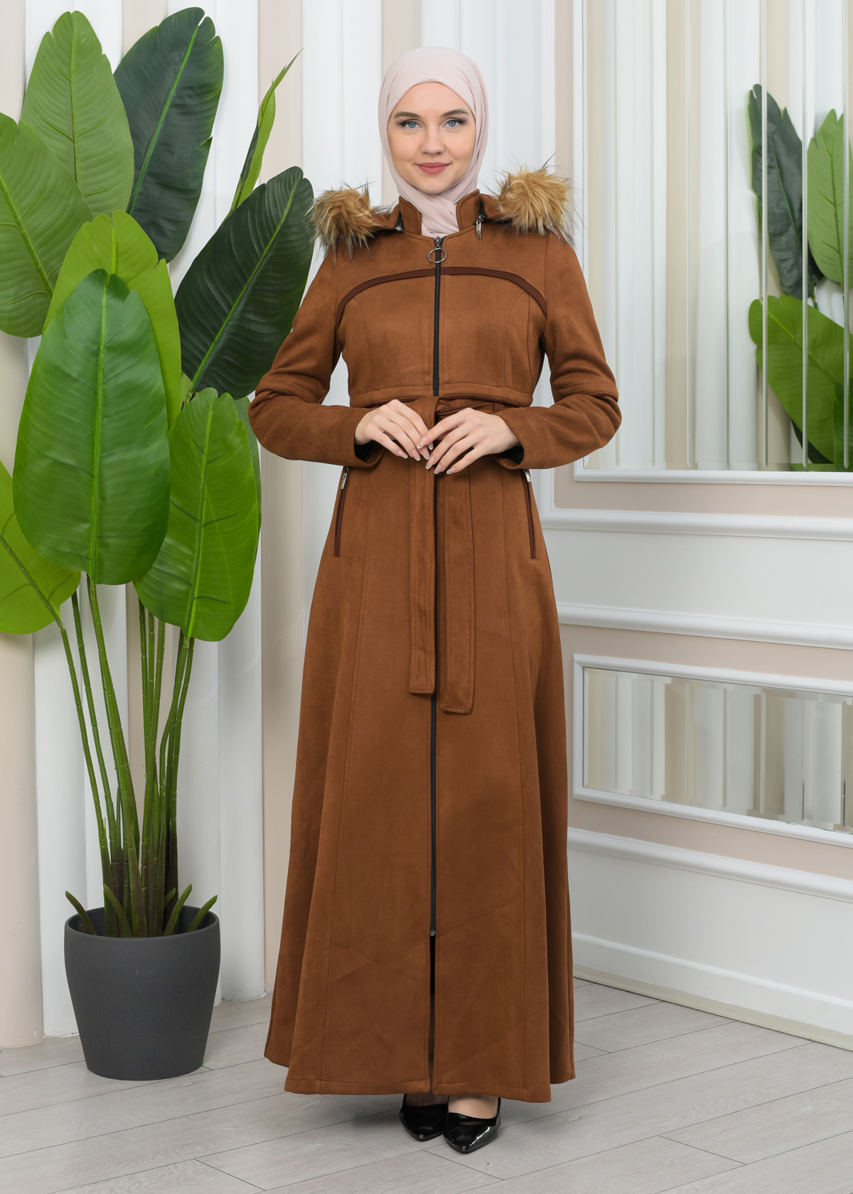 FUR HOODED BELT SUEDE HIJAB COVERCOAT 1346 - tan