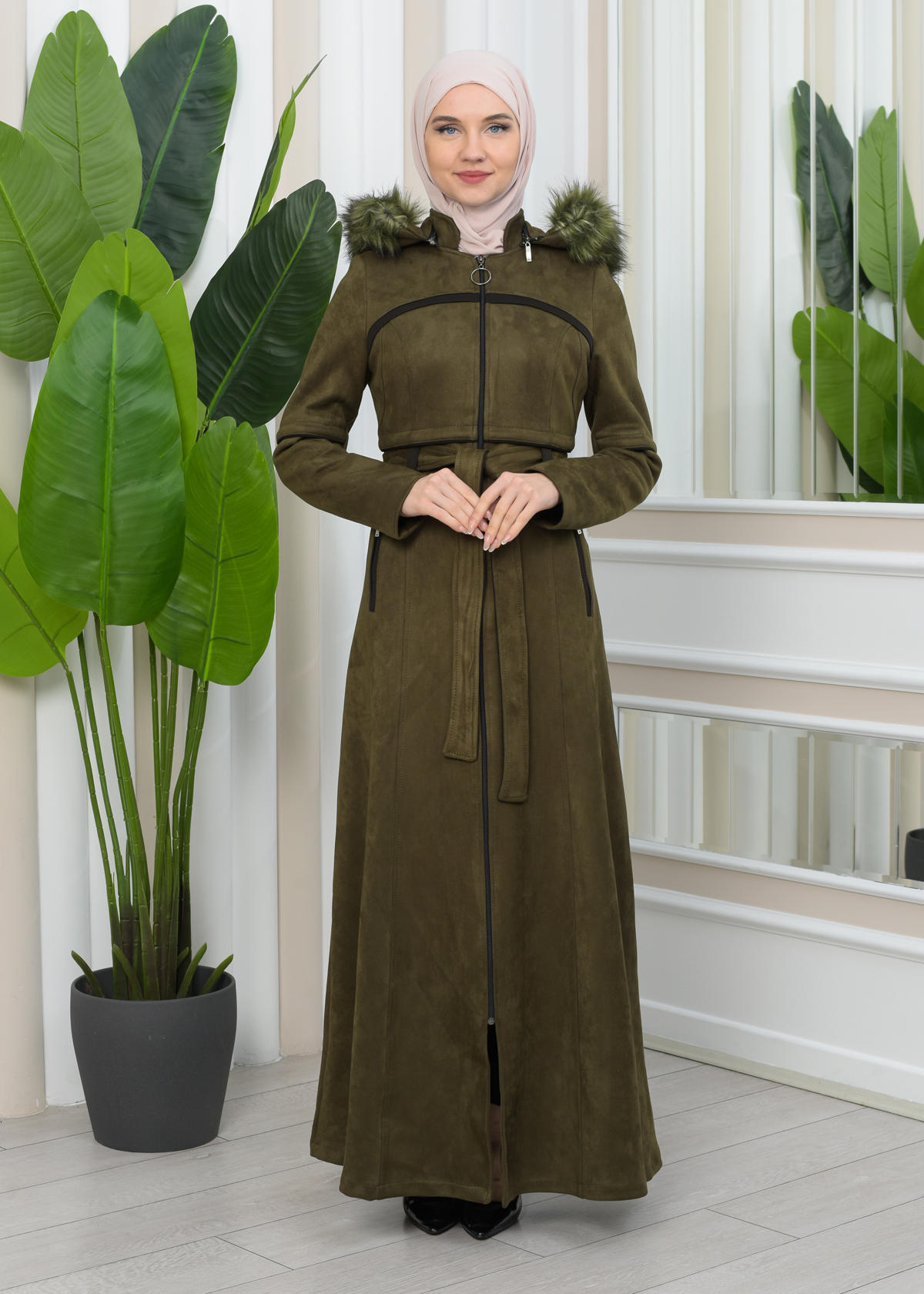 FUR HOODED BELT SUEDE HIJAB COVERCOAT 1346 - khaki