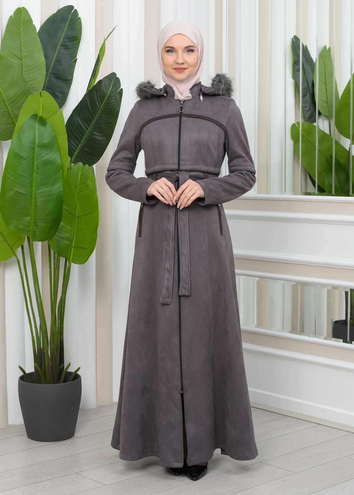 FUR HOODED BELT SUEDE HIJAB COVERCOAT 1346 Gri