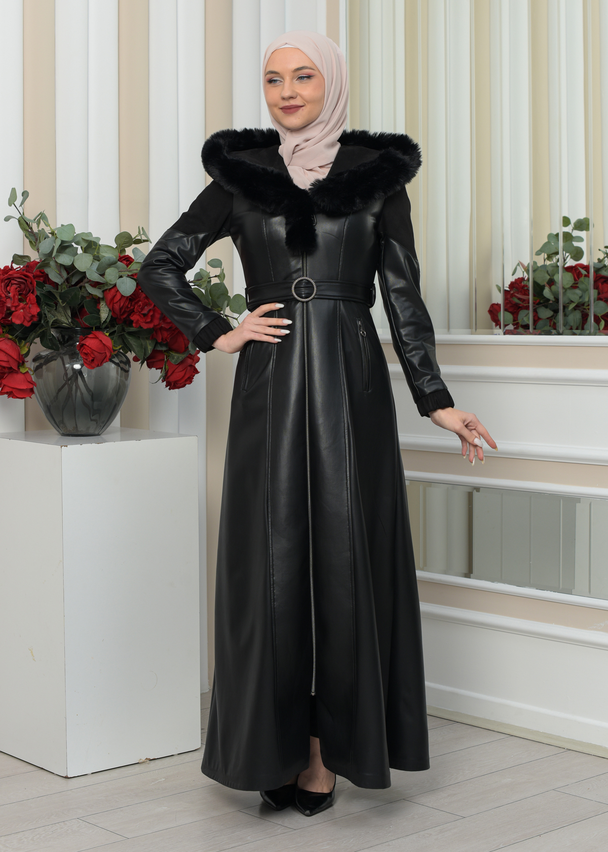 FUR HOODED BELT HIJAB LEATHER COAT 1348 Siyah