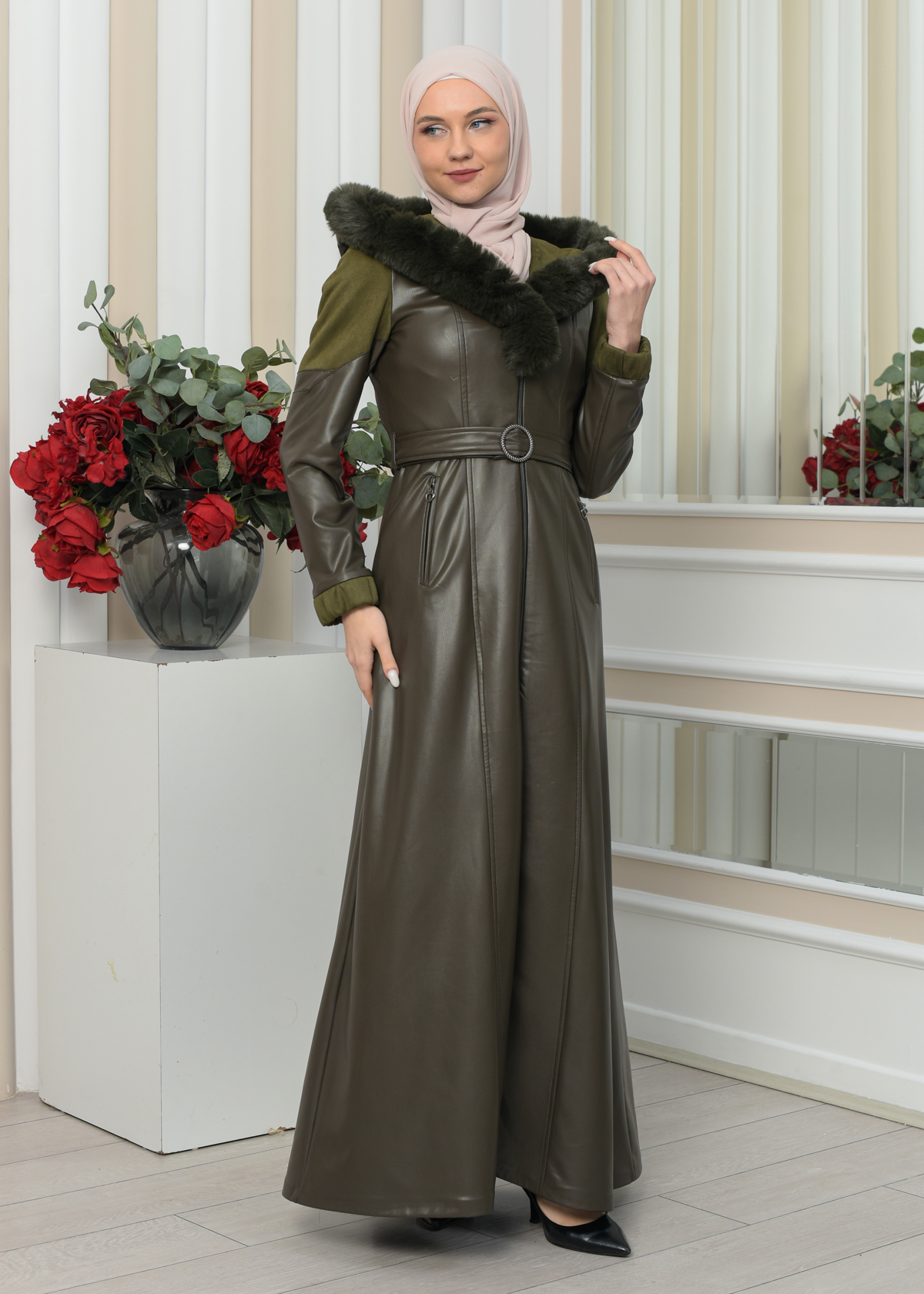 FUR HOODED BELT HIJAB LEATHER COAT 1348 Haki