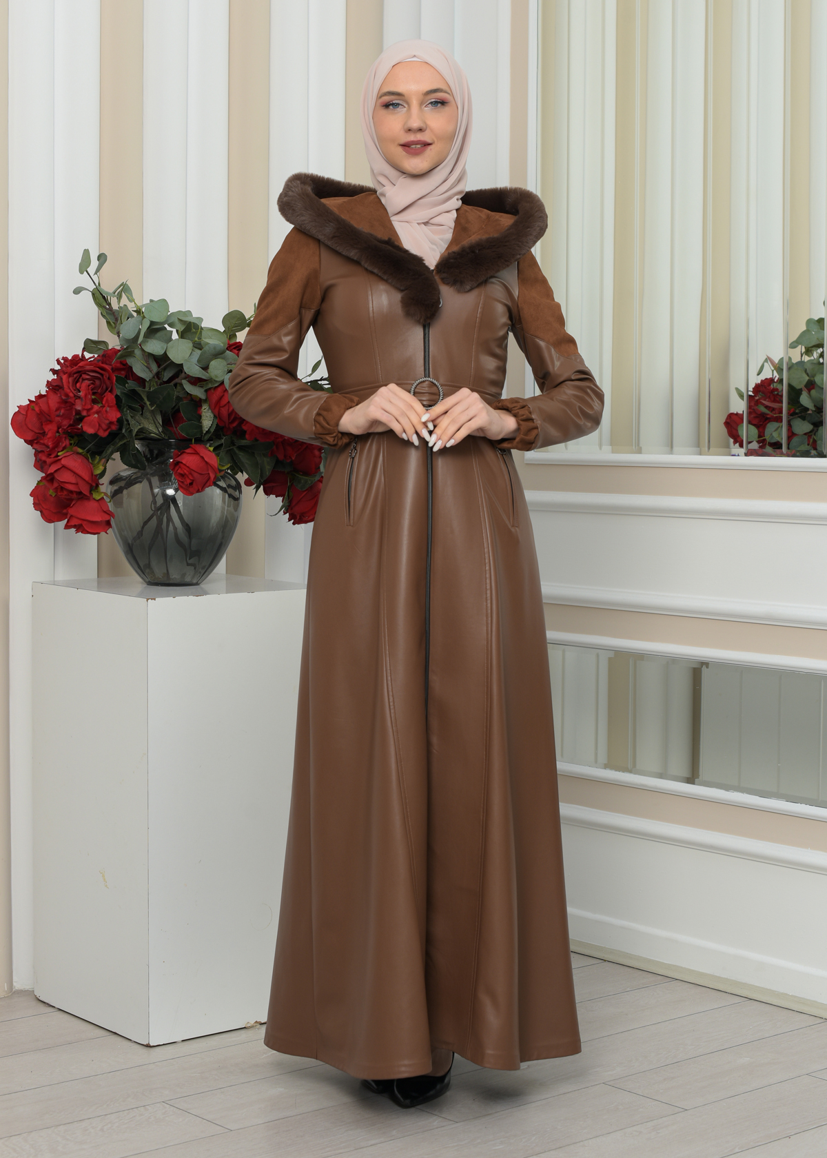 FUR HOODED BELT HIJAB LEATHER COAT 1348 taba