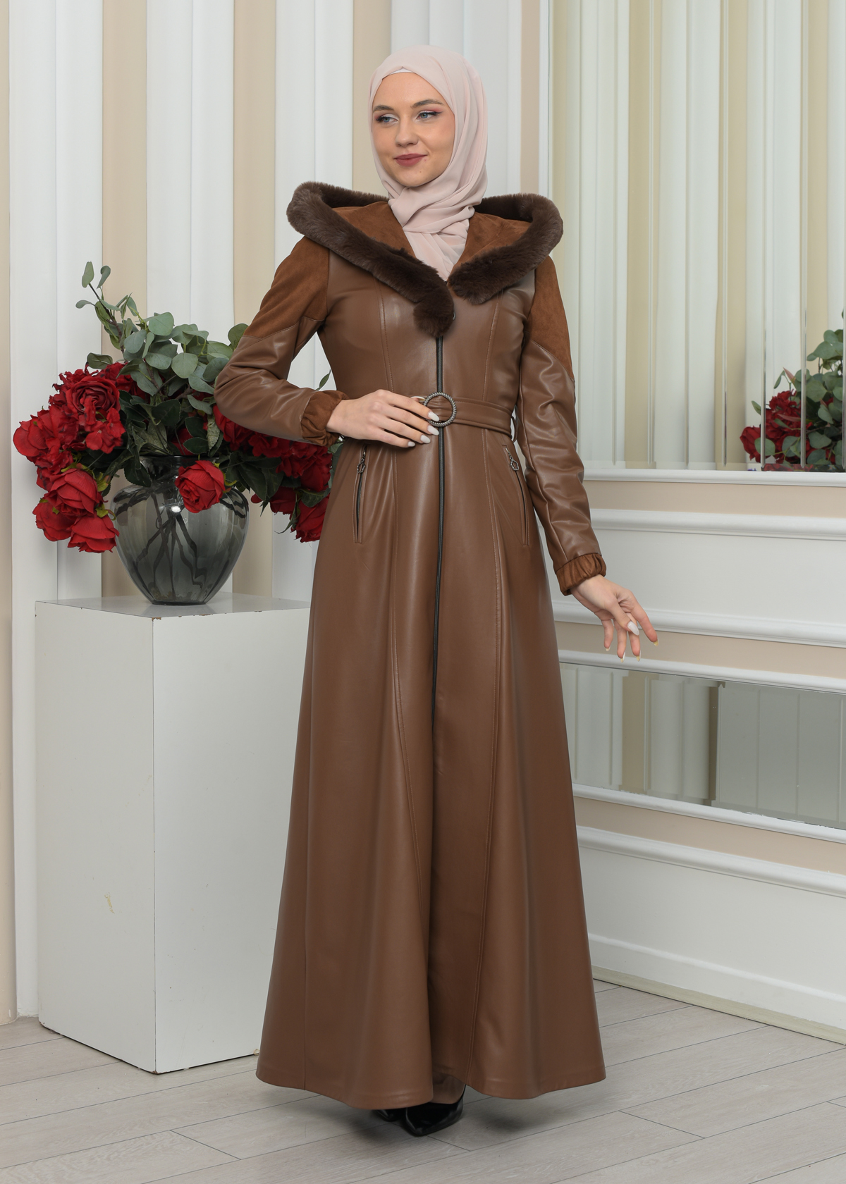 FUR HOODED BELT HIJAB LEATHER COAT 1348 taba