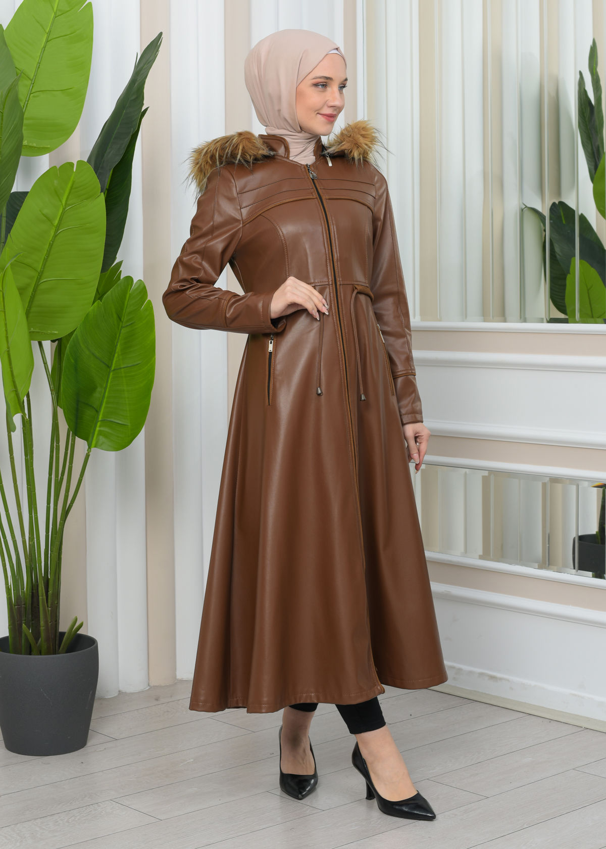 Furry Hooded Faux Leather Short Trench Coat with Tunnel Waist 1344 taba