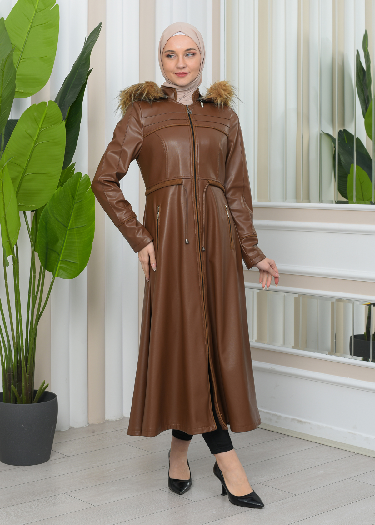 Furry Hooded Faux Leather Short Trench Coat with Tunnel Waist 1344 taba