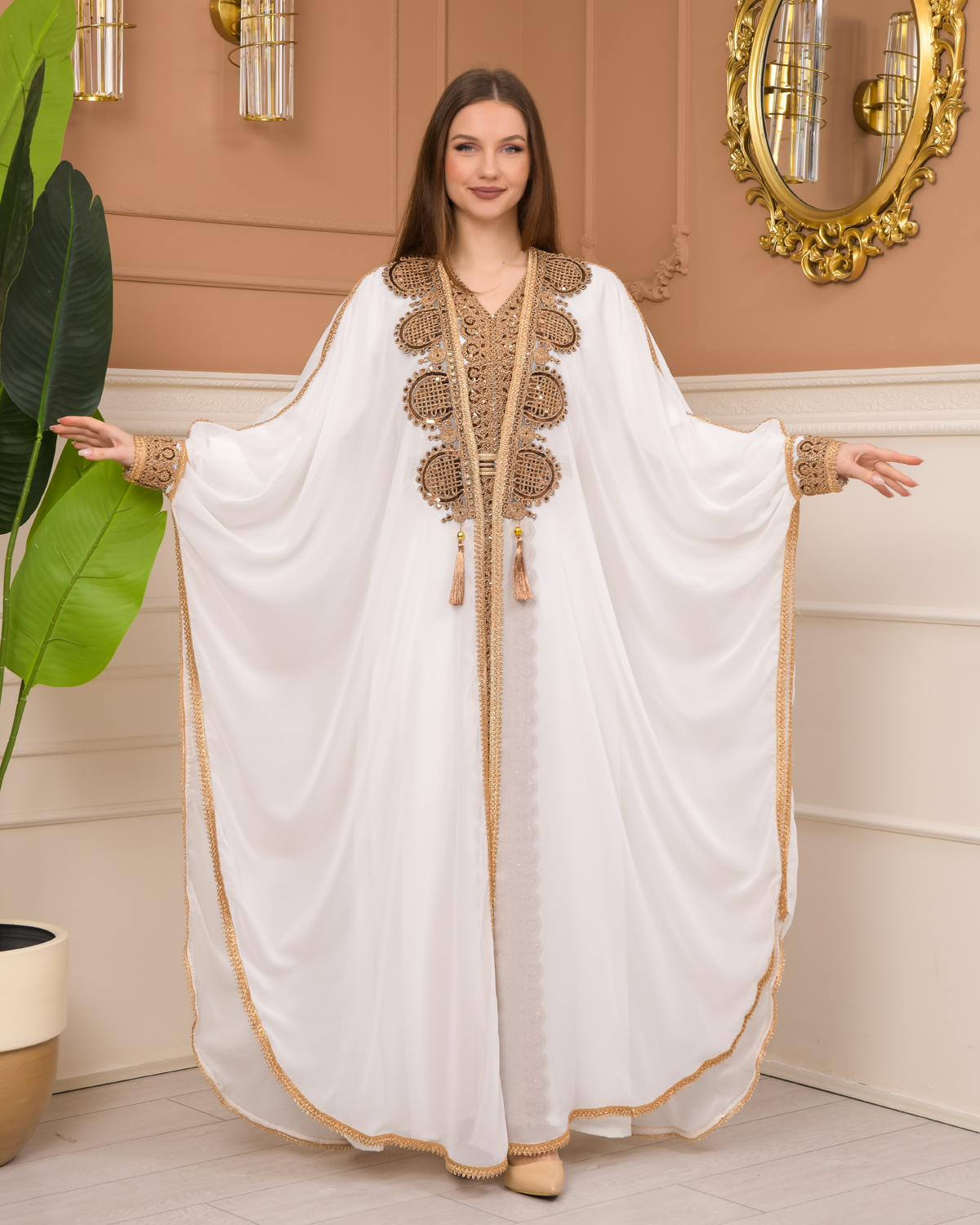 Belted Lace Dubai Kaftan Evening Dress 4106 - white