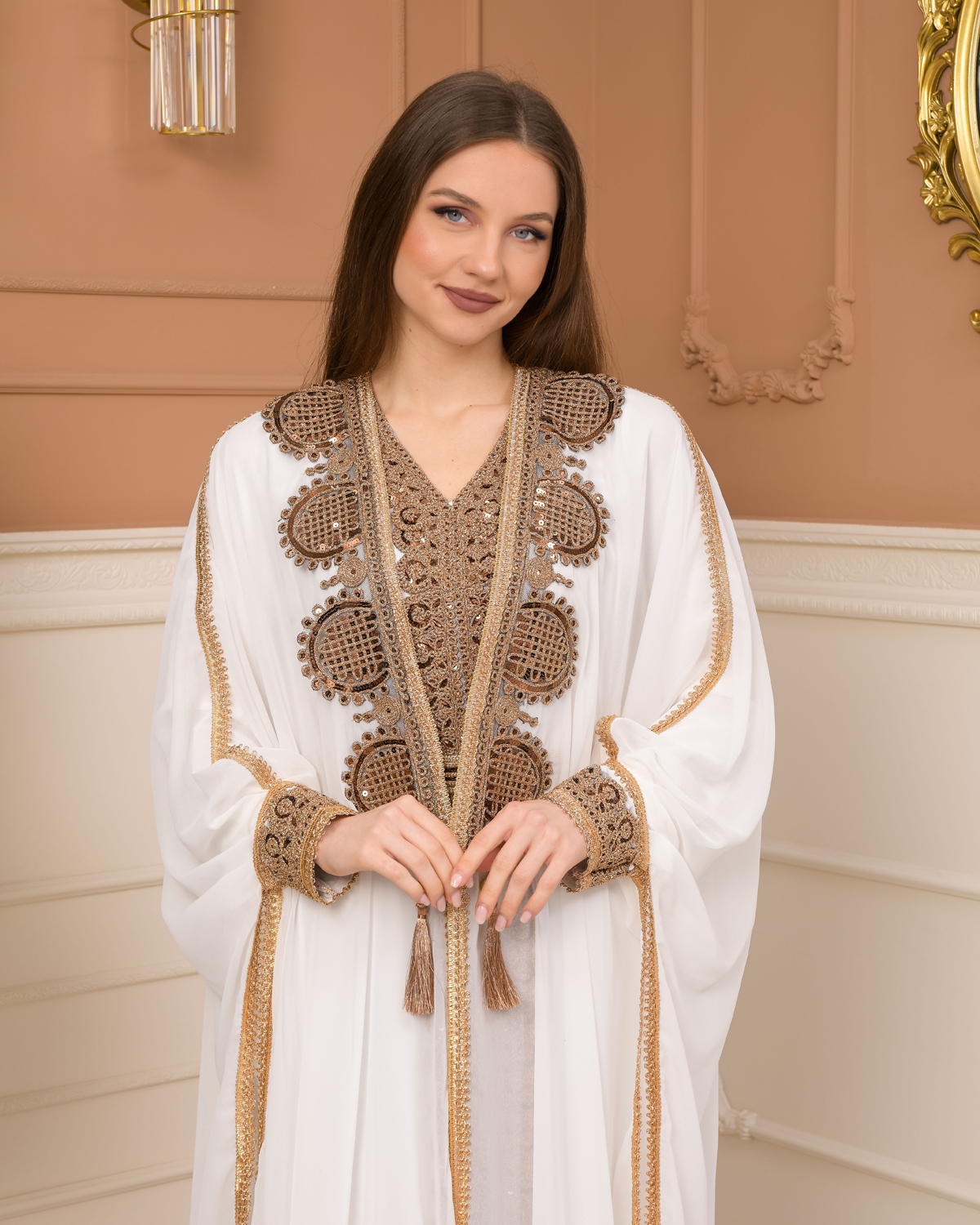 Belted Lace Dubai Kaftan Evening Dress 4106 - white