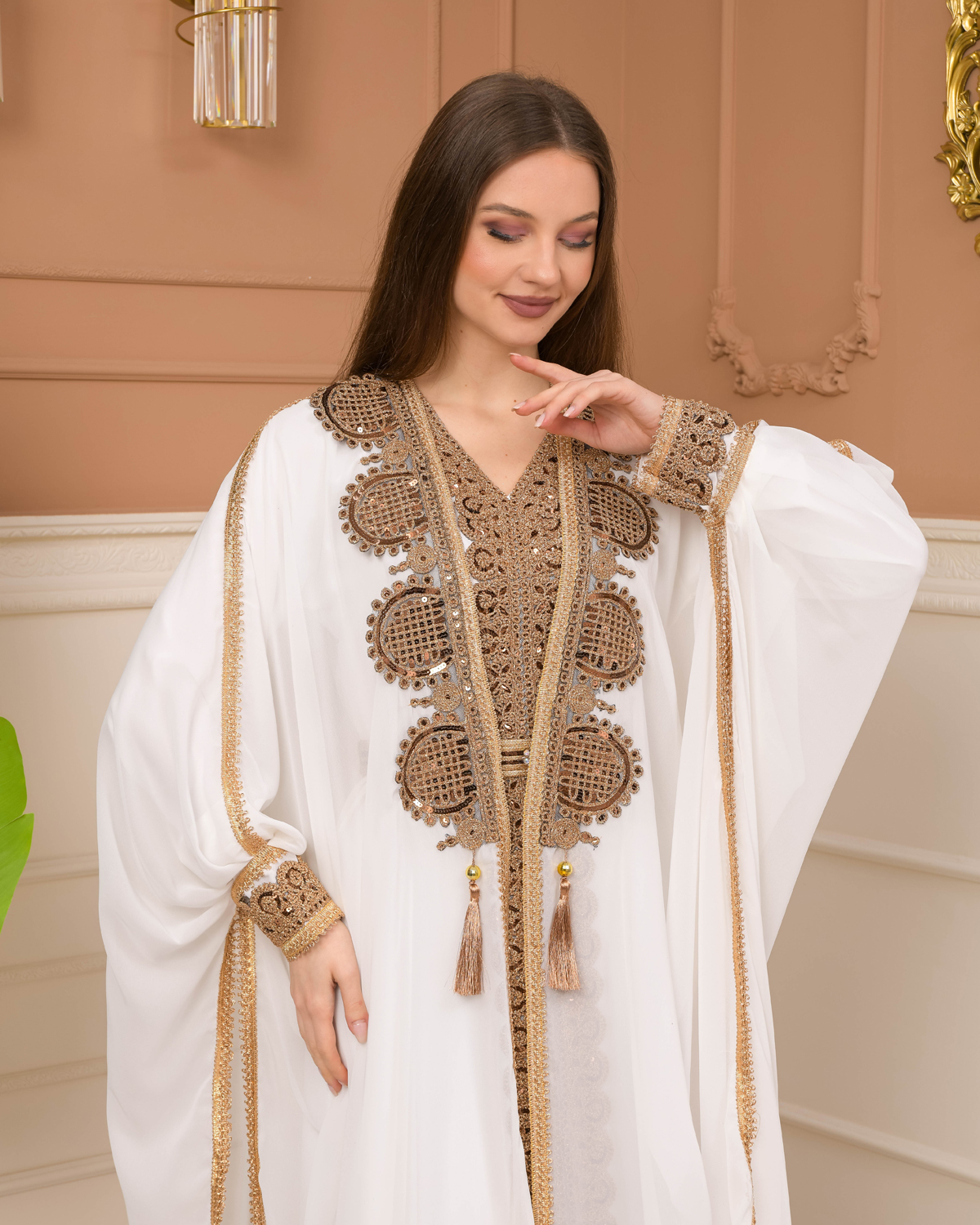 Belted Lace Dubai Kaftan Evening Dress 4106 - white