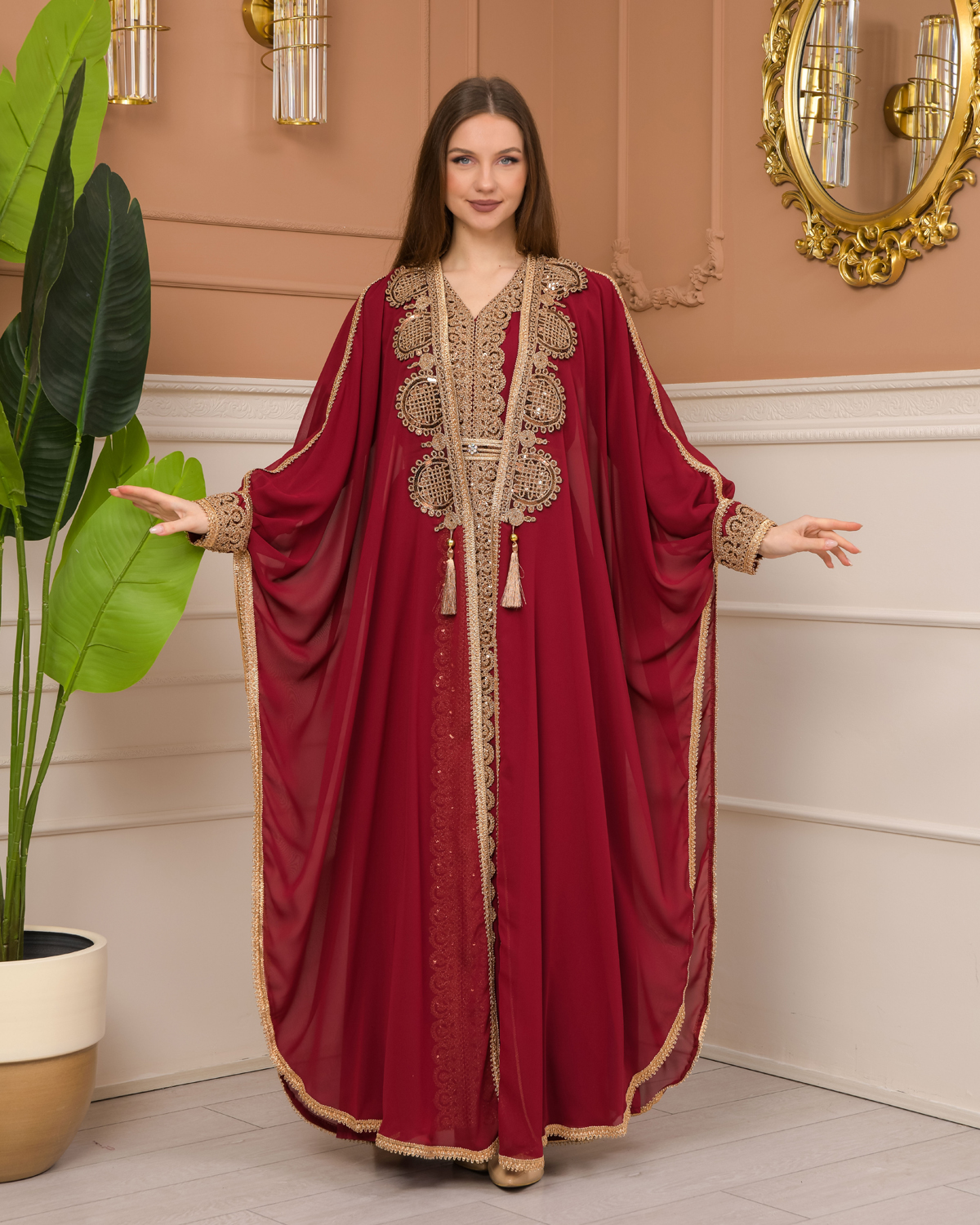 Belted Lace Dubai Kaftan Evening Dress 4106 - burgundy