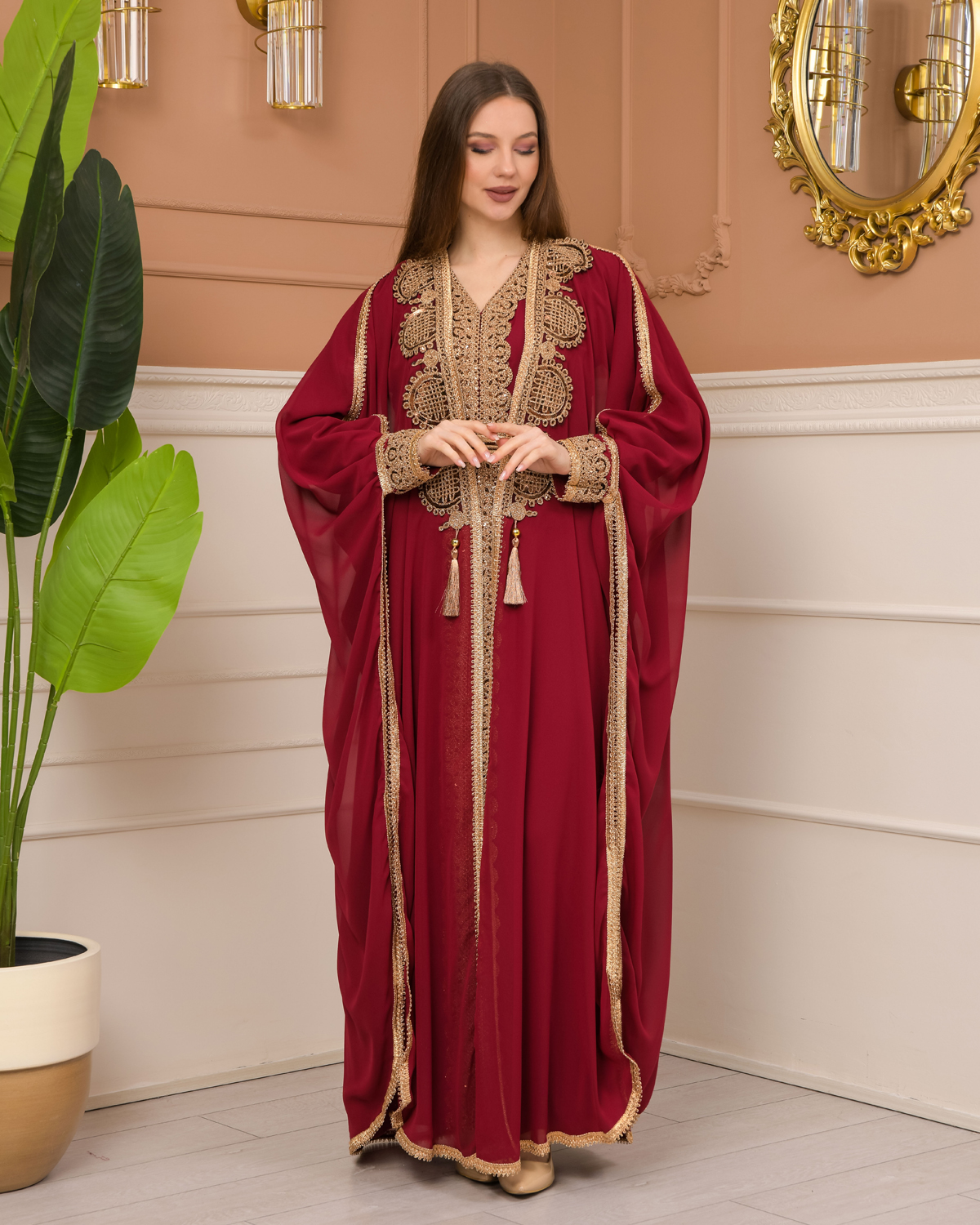 Belted Lace Dubai Kaftan Evening Dress 4106 - burgundy