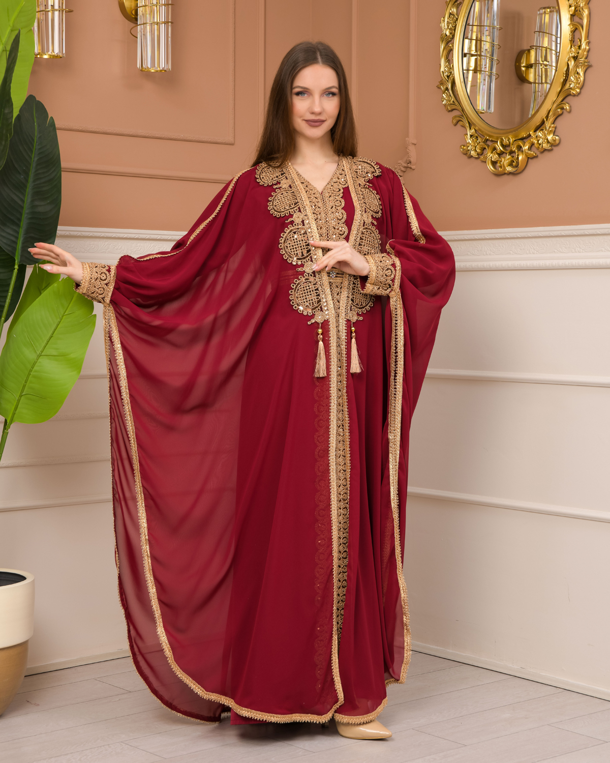 Belted Lace Dubai Kaftan Evening Dress 4106 - burgundy