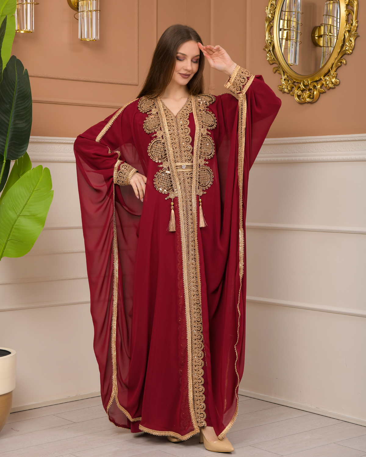 Belted Lace Dubai Kaftan Evening Dress 4106 - burgundy