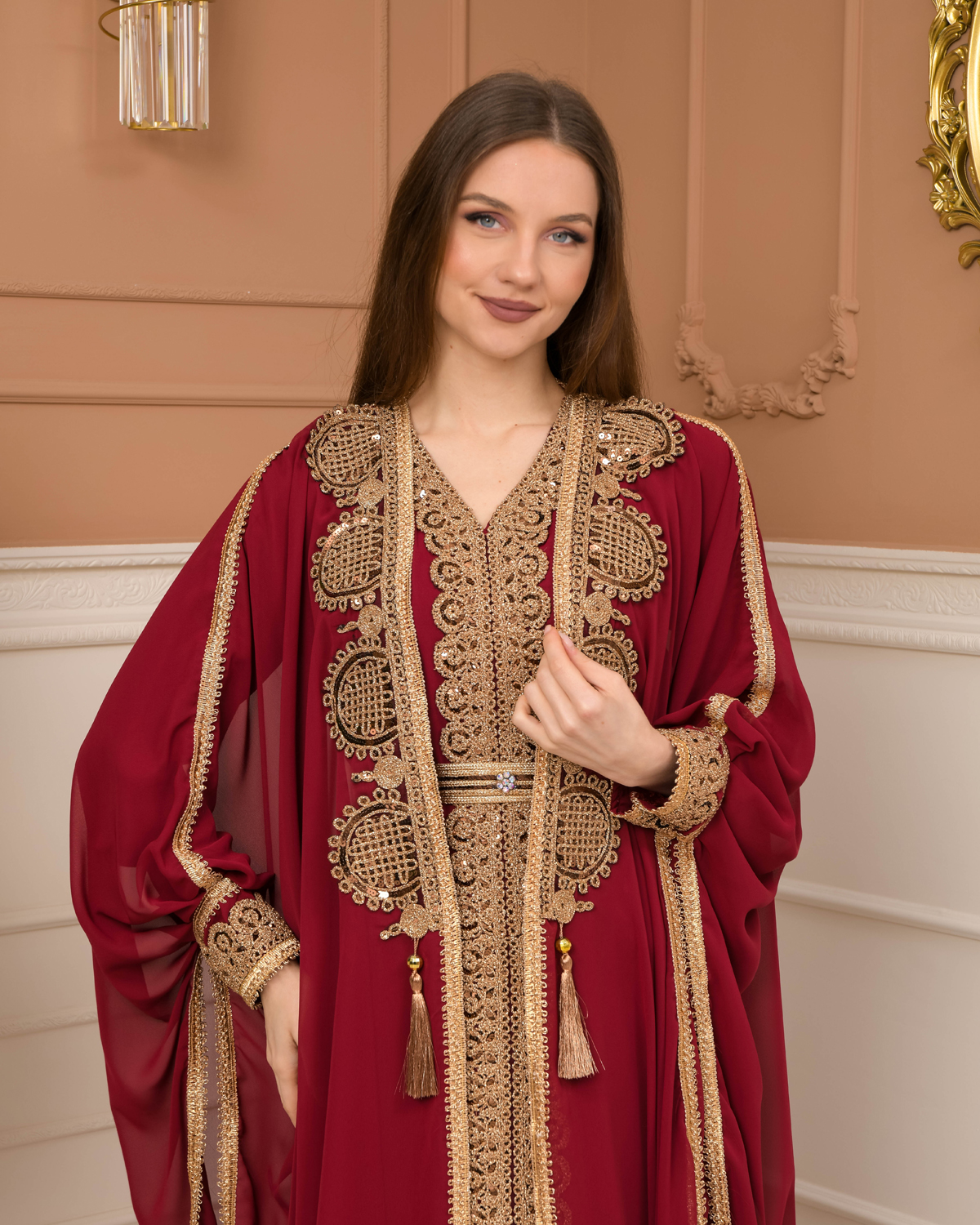 Belted Lace Dubai Kaftan Evening Dress 4106 - burgundy