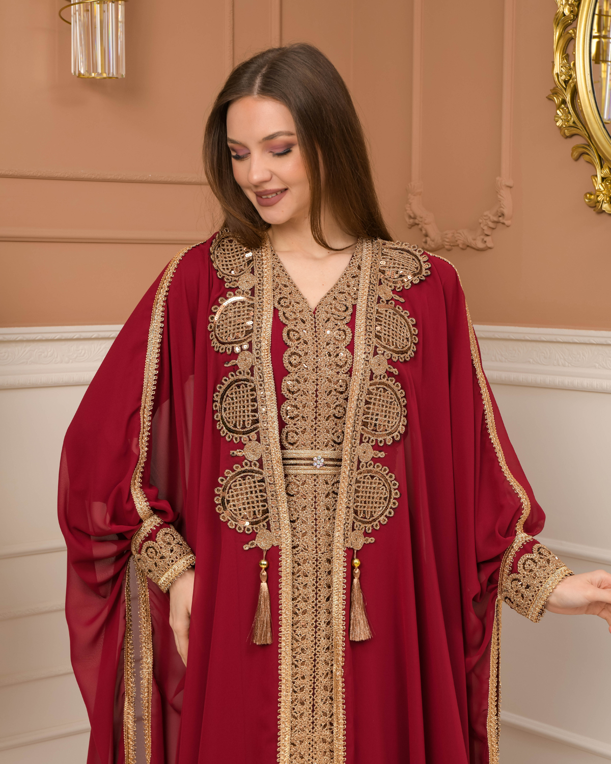 Belted Lace Dubai Kaftan Evening Dress 4106 - burgundy