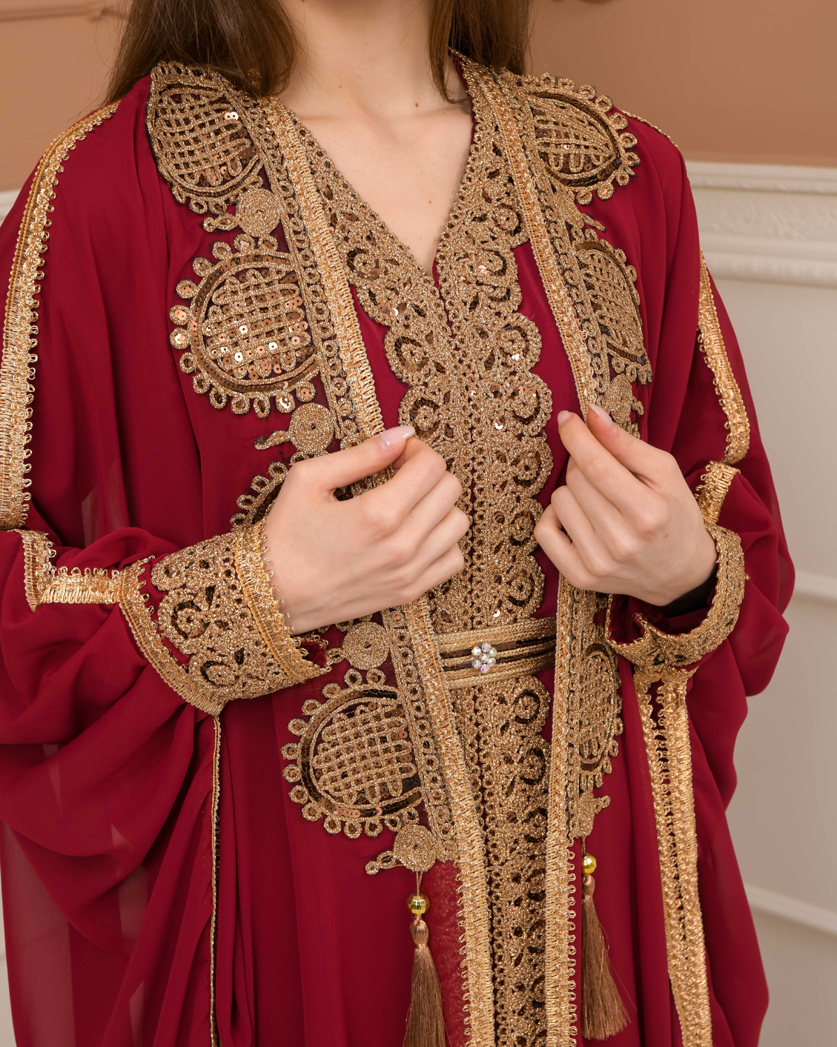 Belted Lace Dubai Kaftan Evening Dress 4106 - burgundy