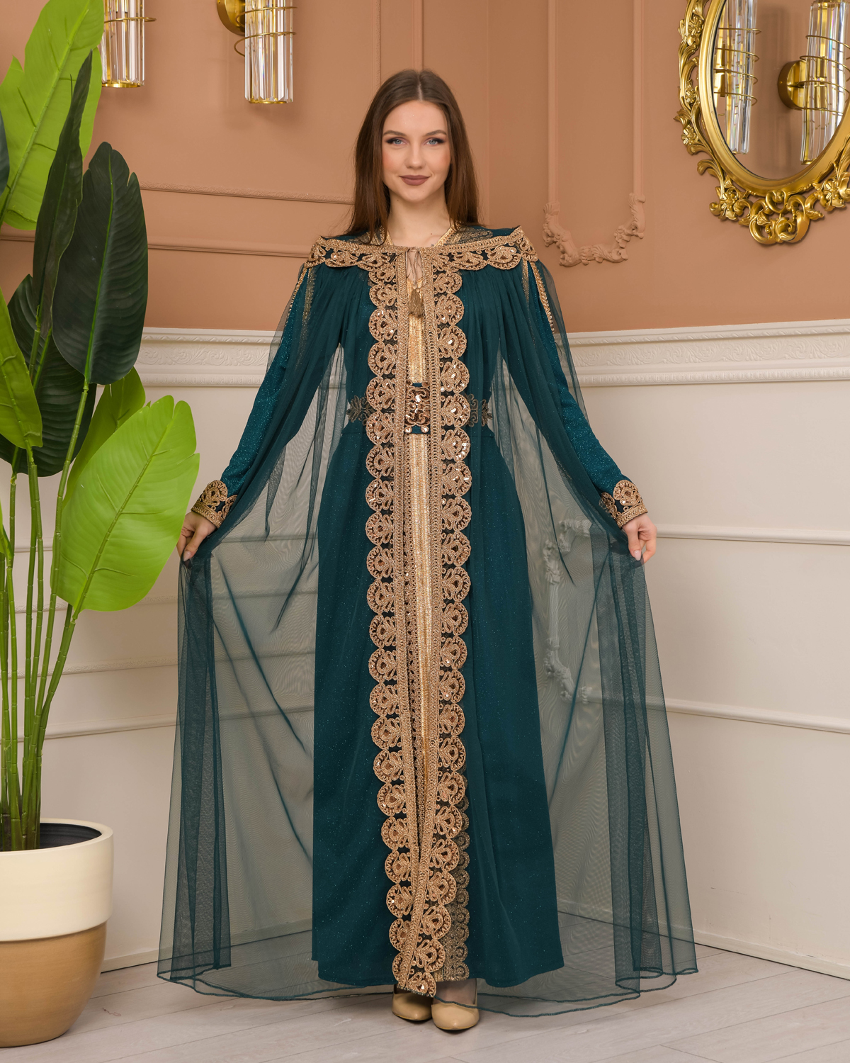 Belted, Lace, Silvery Caftan Evening Dress 4107 - khaki