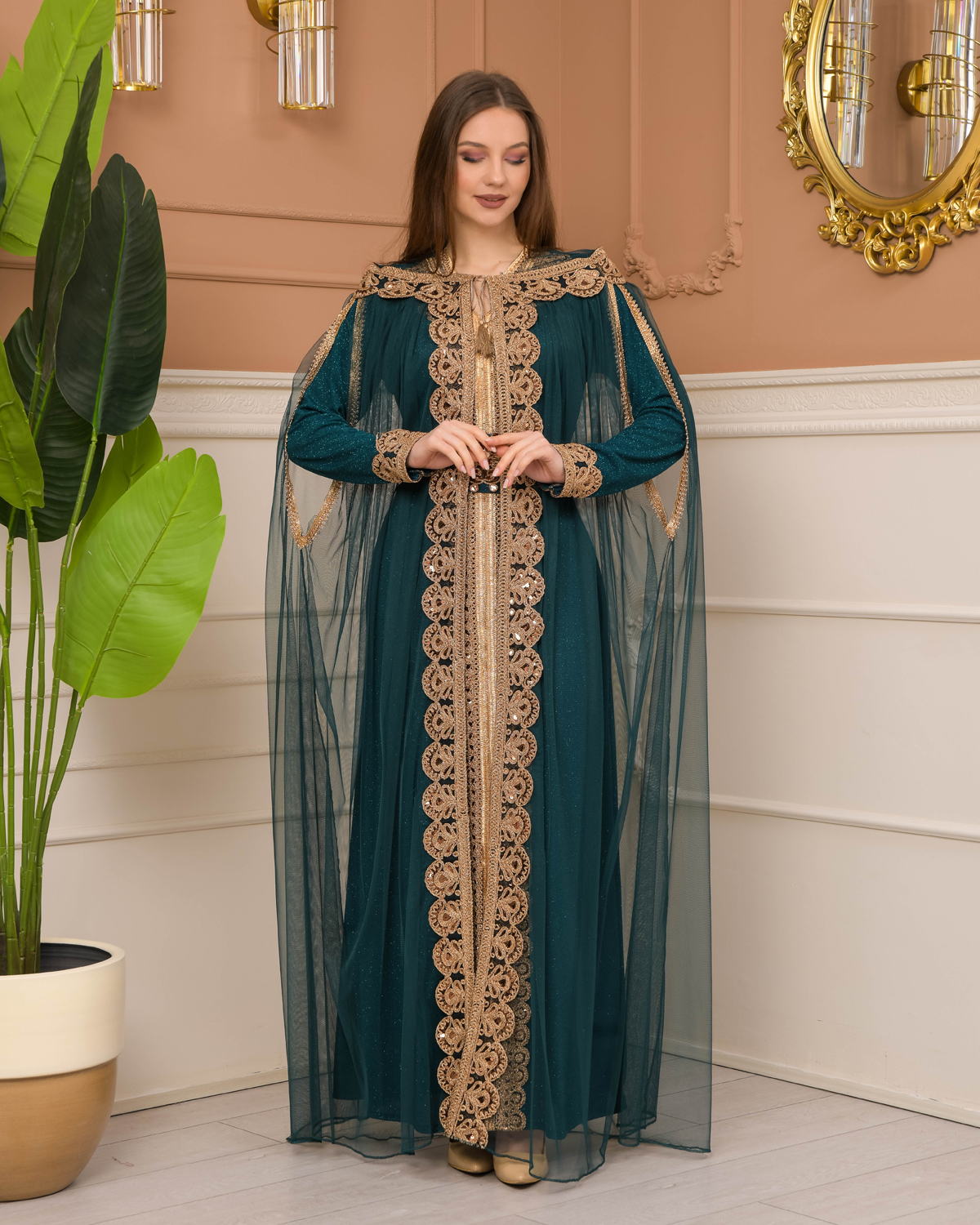 Belted, Lace, Silvery Caftan Evening Dress 4107 - khaki