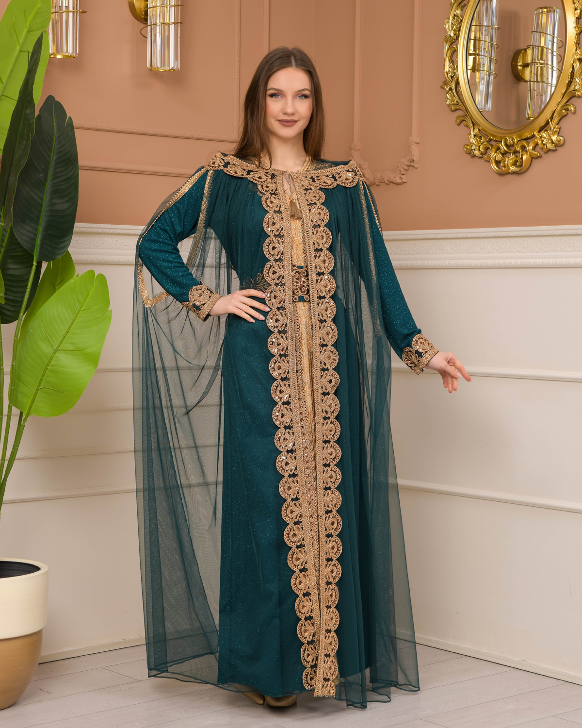 Belted, Lace, Silvery Caftan Evening Dress 4107 - khaki