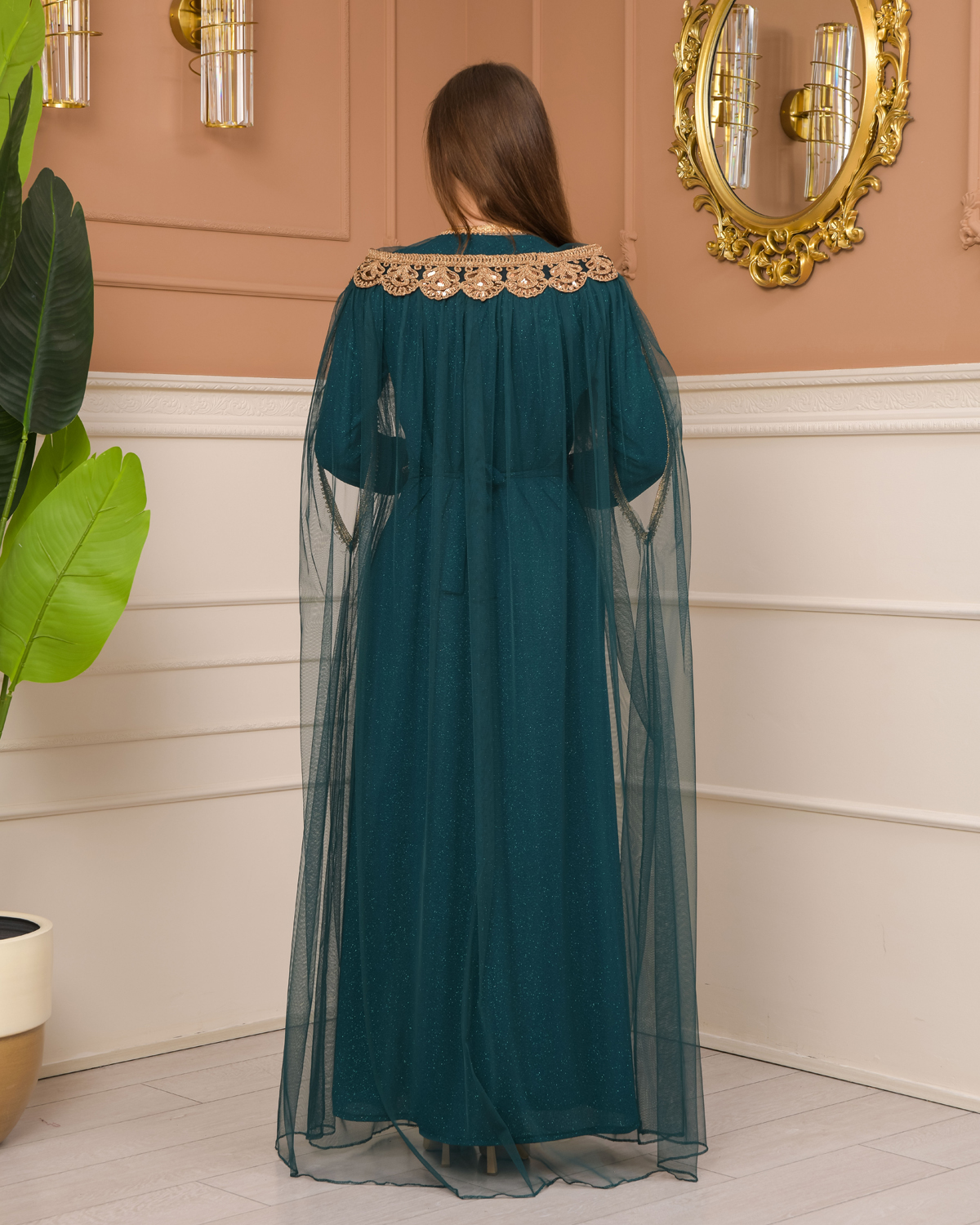 Belted, Lace, Silvery Caftan Evening Dress 4107 - khaki