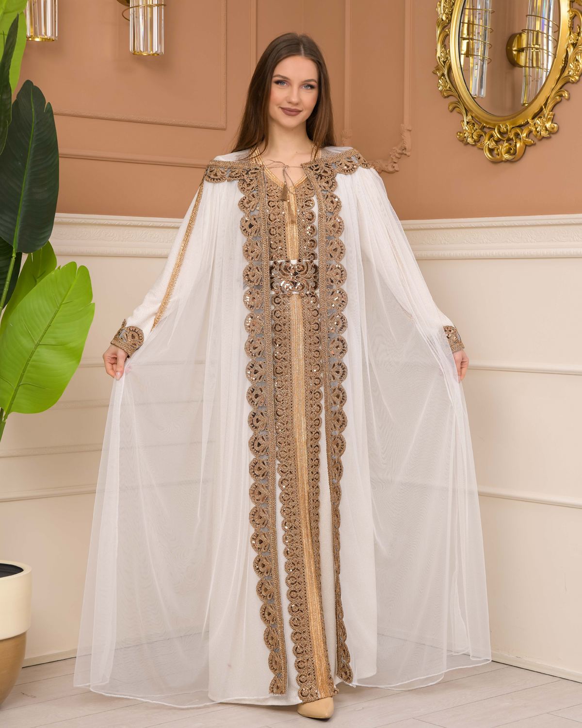 Belted, Lace, Silvery Caftan Evening Dress 4107 - white