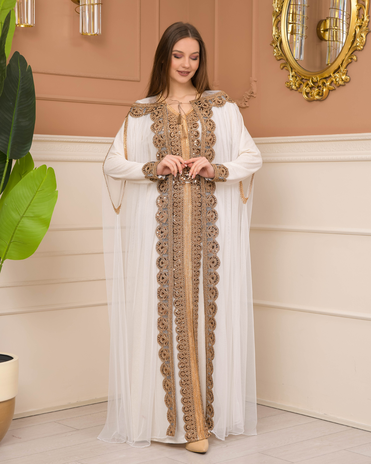 Belted, Lace, Silvery Caftan Evening Dress 4107 - white