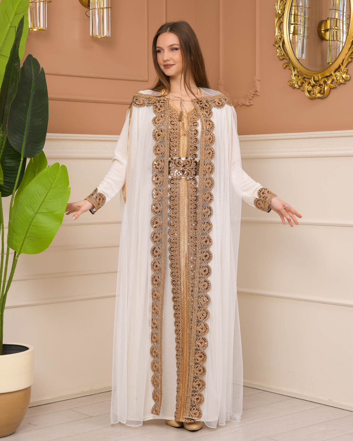 Belted, Lace, Silvery Caftan Evening Dress 4107 - white