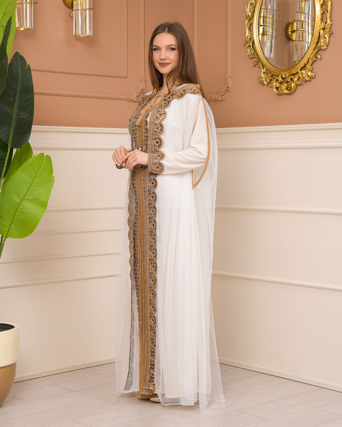 Belted, Lace, Silvery Caftan Evening Dress 4107 - white