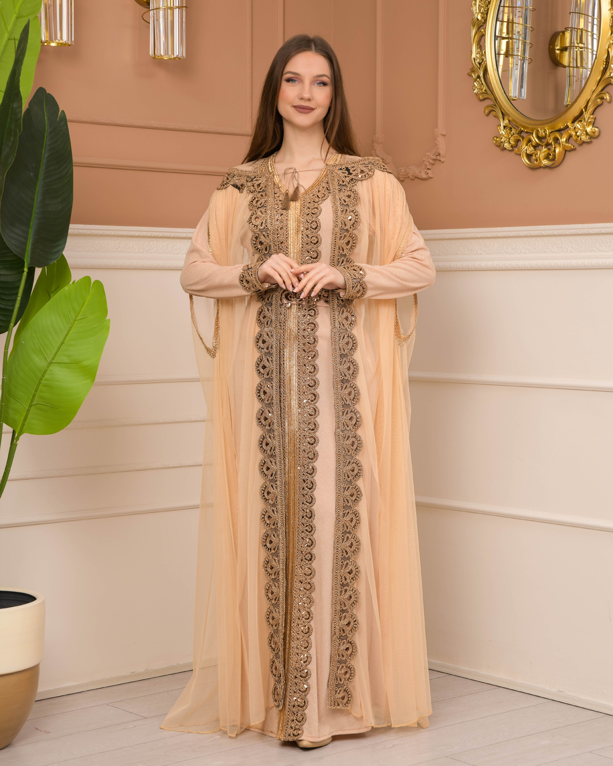 Belted Lace Silvery Caftan Evening Dress 4107 beige