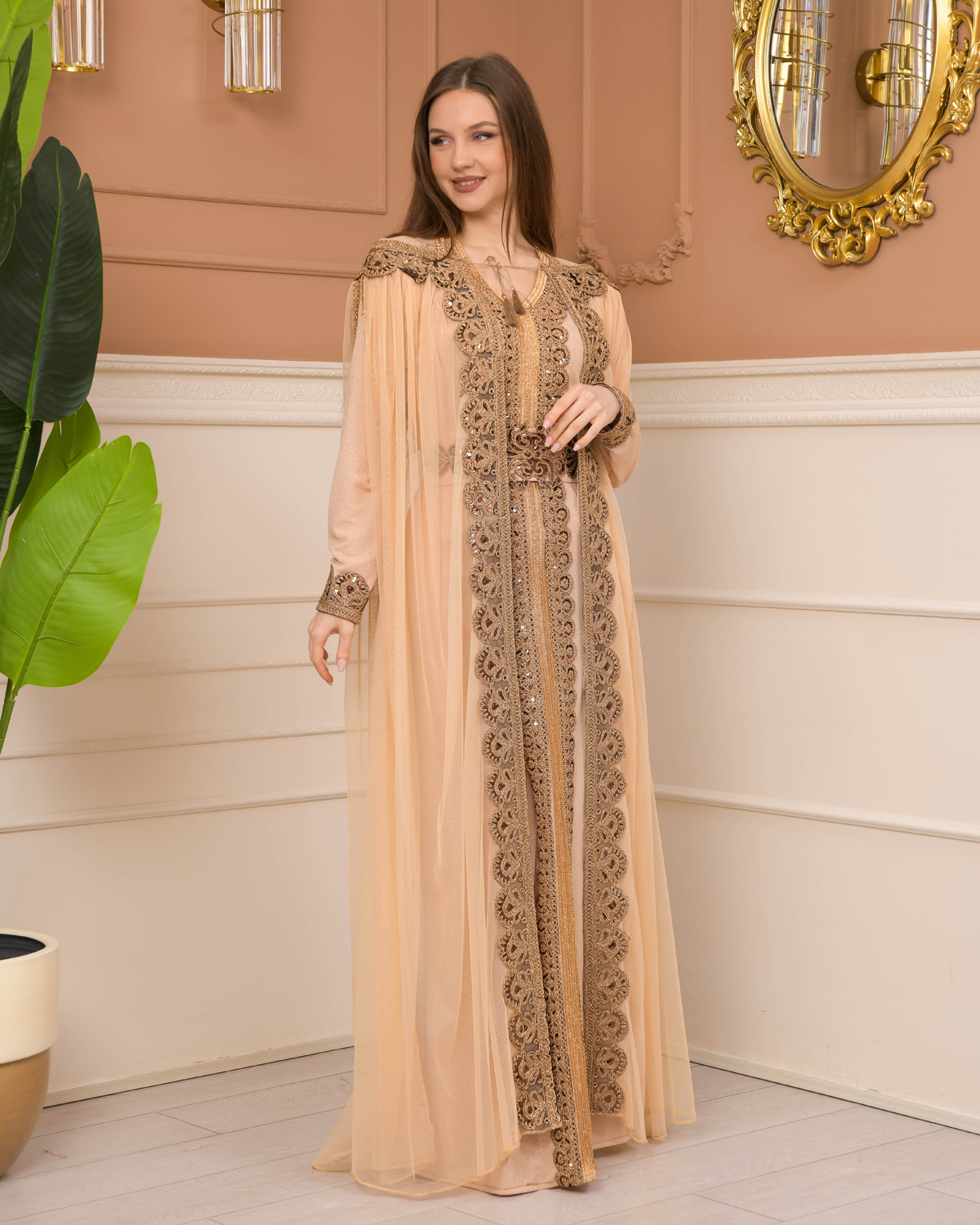 Belted, Lace, Silvery Caftan Evening Dress 4107 - beige
