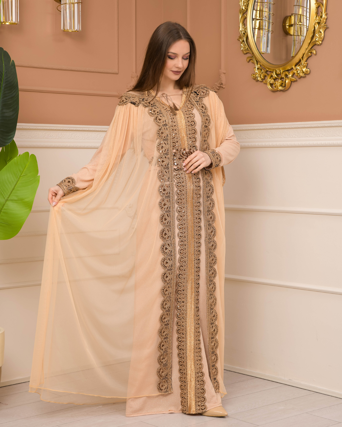 Belted, Lace, Silvery Caftan Evening Dress 4107 - beige