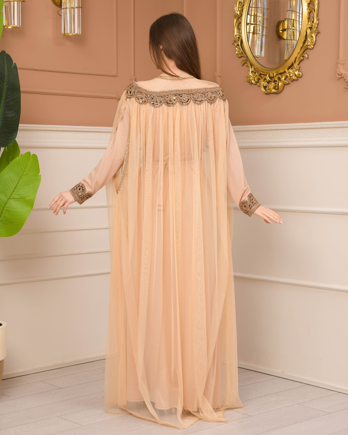Belted, Lace, Silvery Caftan Evening Dress 4107 - beige