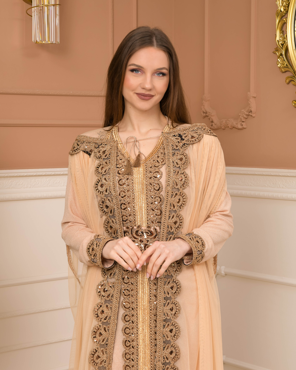 Belted, Lace, Silvery Caftan Evening Dress 4107 - beige