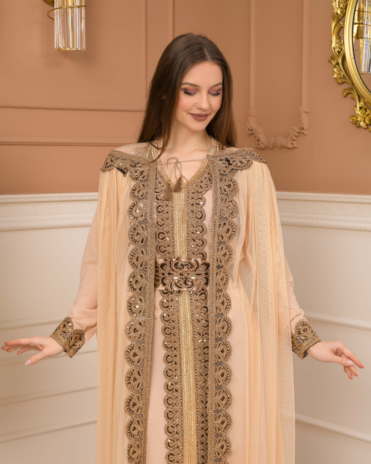 Belted Lace Silvery Caftan Evening Dress 4107 beige 0410704800 987 OUTER WEAR Kaftan Moda Mix