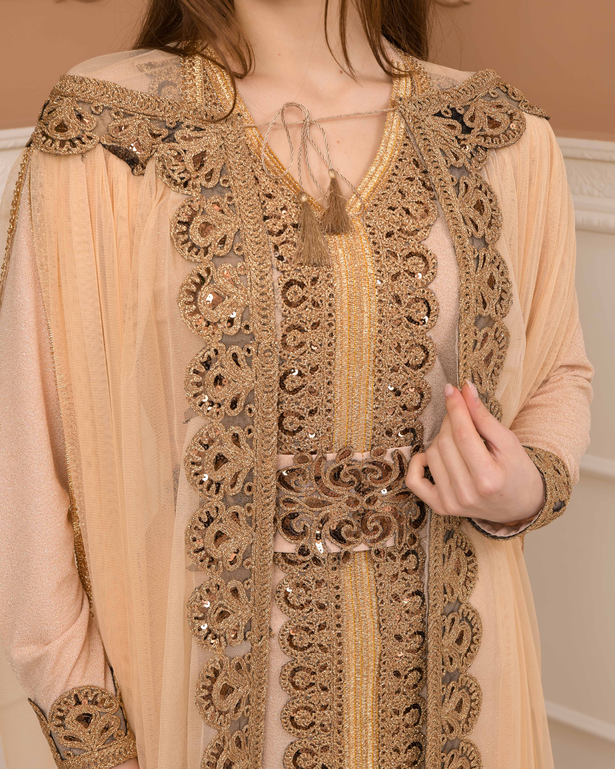 Belted, Lace, Silvery Caftan Evening Dress 4107 - beige