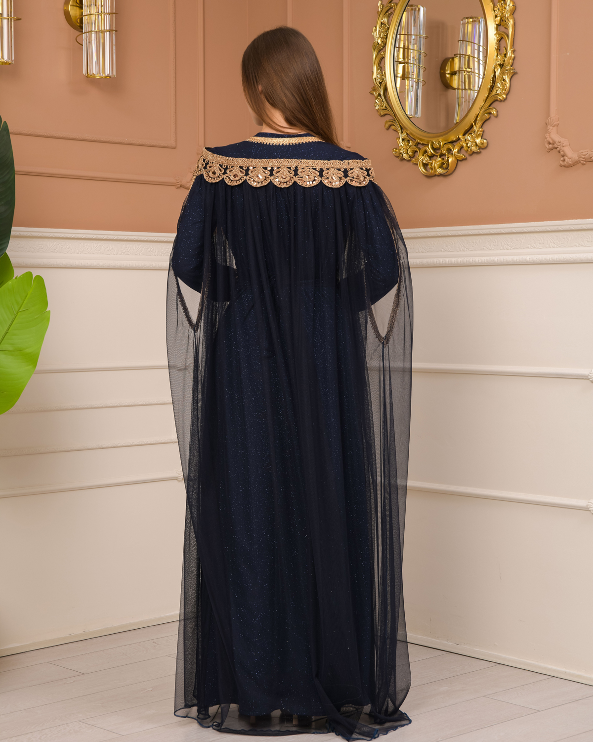 Belted, Lace, Silvery Caftan Evening Dress 4107 - deep blue