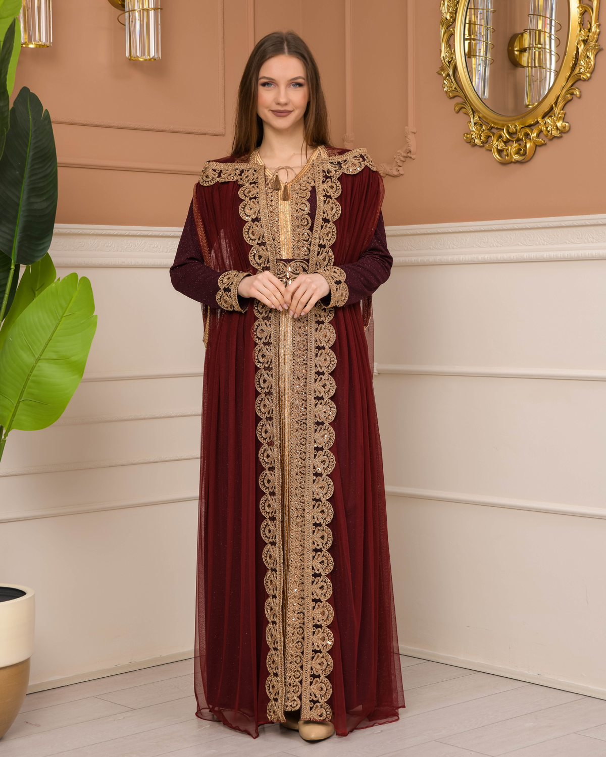 Belted, Lace, Silvery Caftan Evening Dress 4107 - burgundy