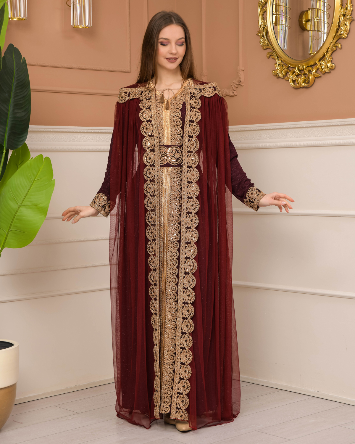 Belted, Lace, Silvery Caftan Evening Dress 4107 - burgundy