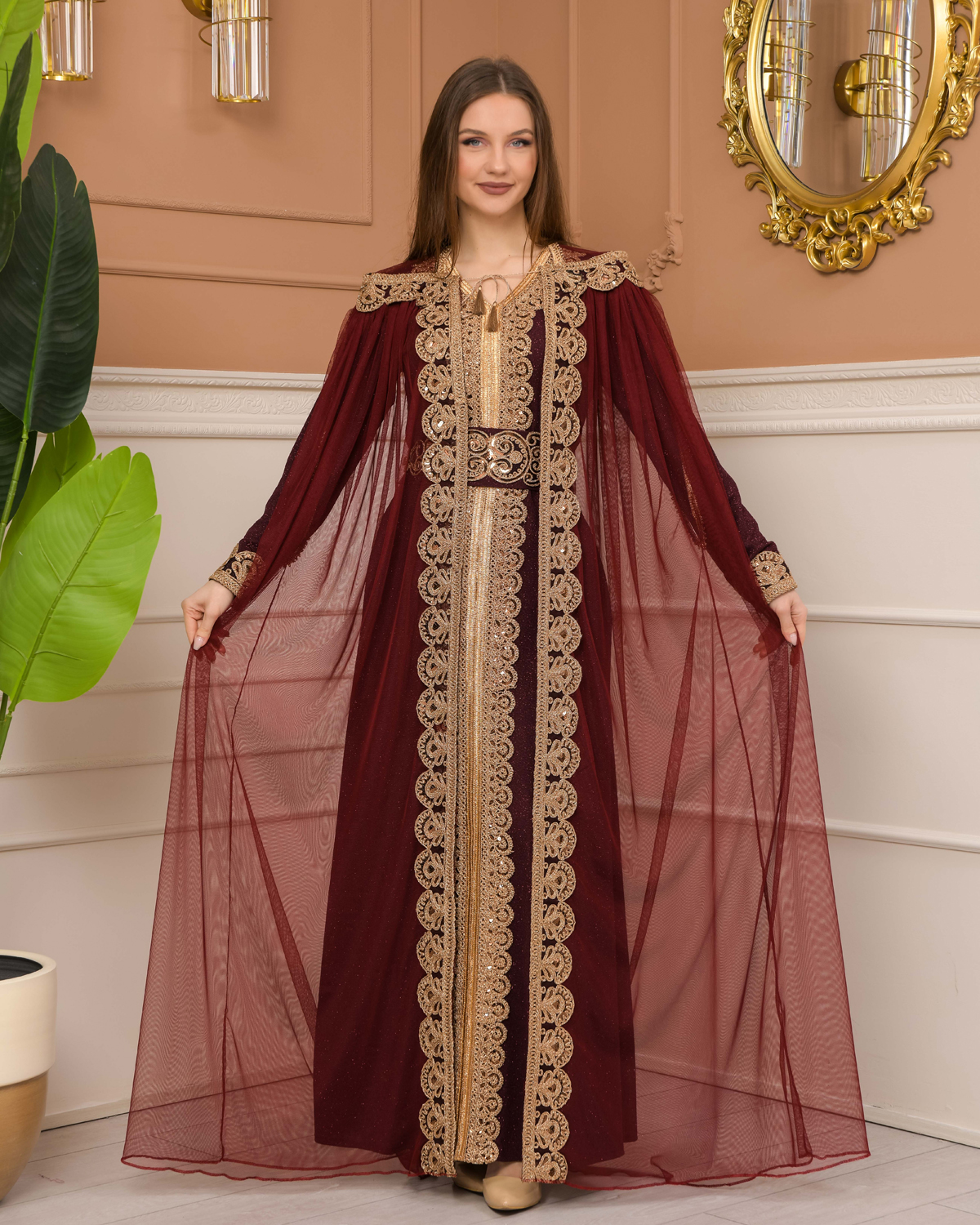 Belted, Lace, Silvery Caftan Evening Dress 4107 - burgundy