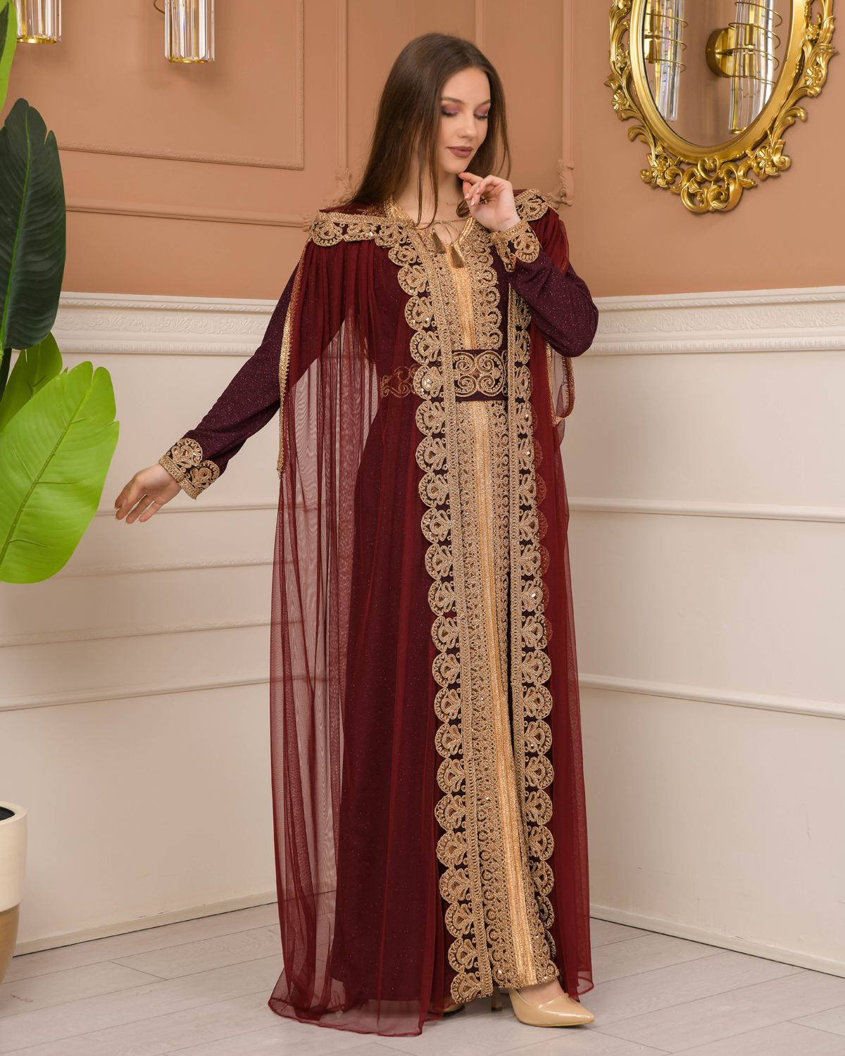 Belted, Lace, Silvery Caftan Evening Dress 4107 - burgundy