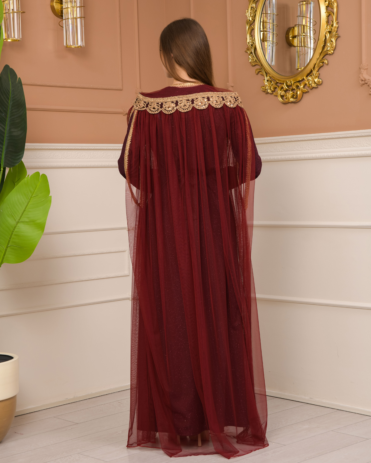 Belted, Lace, Silvery Caftan Evening Dress 4107 - burgundy