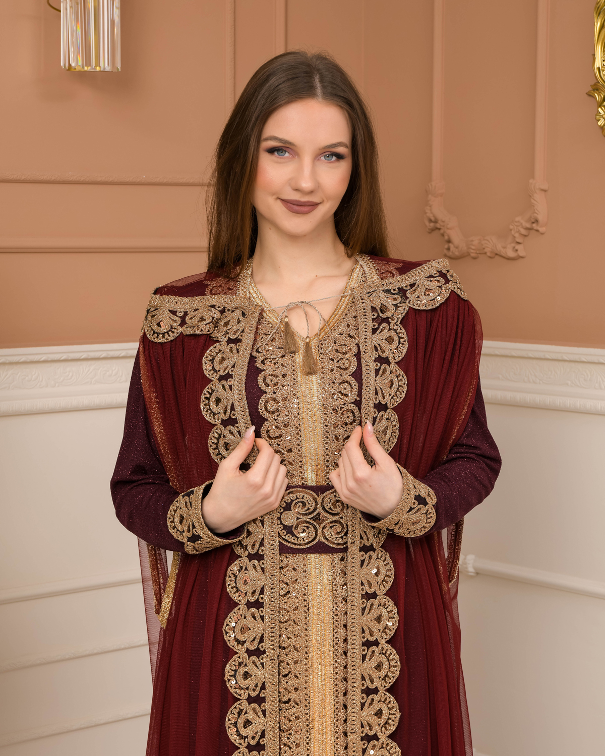 Belted, Lace, Silvery Caftan Evening Dress 4107 - burgundy